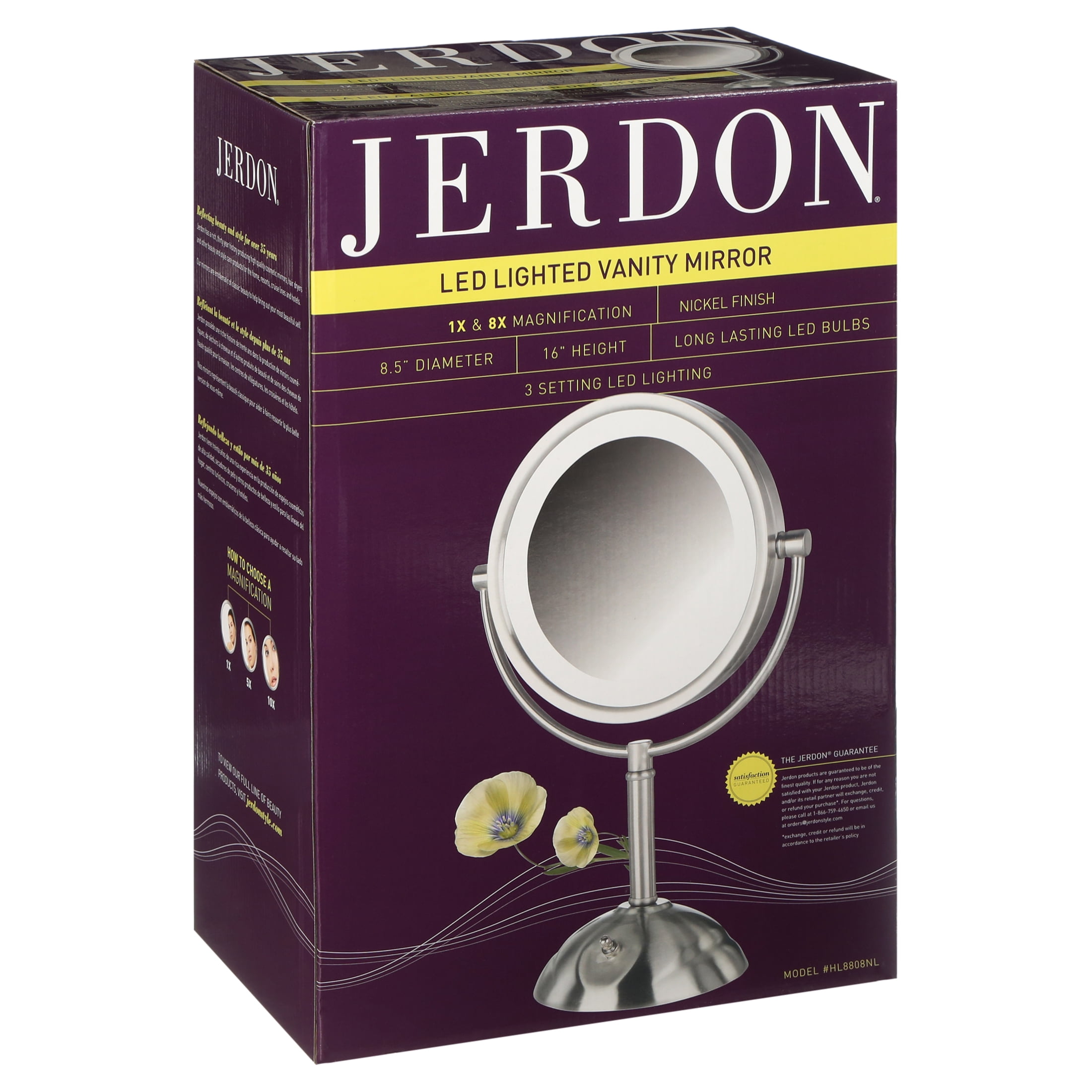 JERDON Lighted Tabletop Makeup Mirror - 1X and 8X Magnification - Nickel Finish - 8.5-Inch Diameter Vanity Mirror – Plug In - Model HL8808NL - Image 9