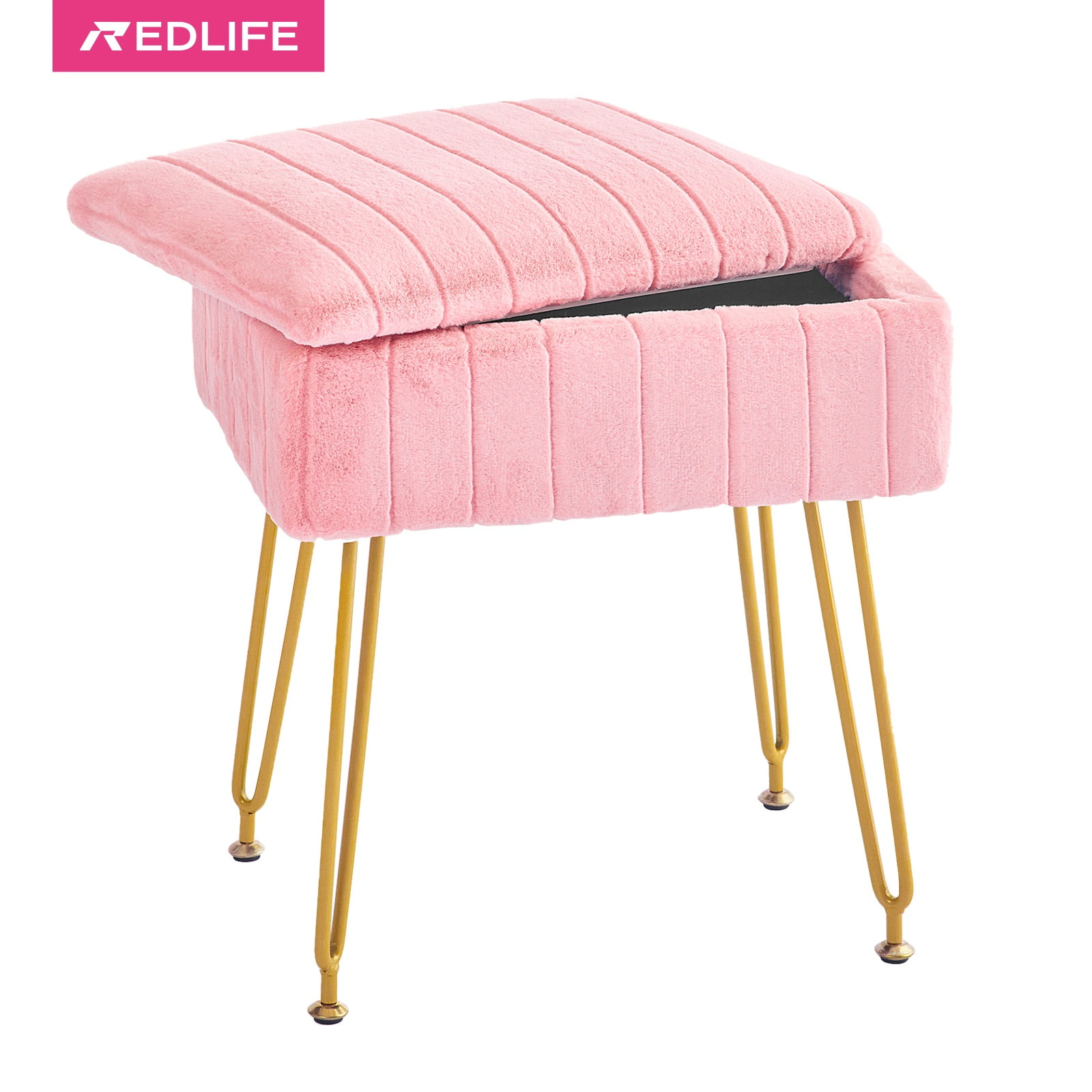 Redlife Vanity Stool Chair with Storage Faux Fur Makeup Ottoman Small Dresser Chair for Bedroom - Image 4