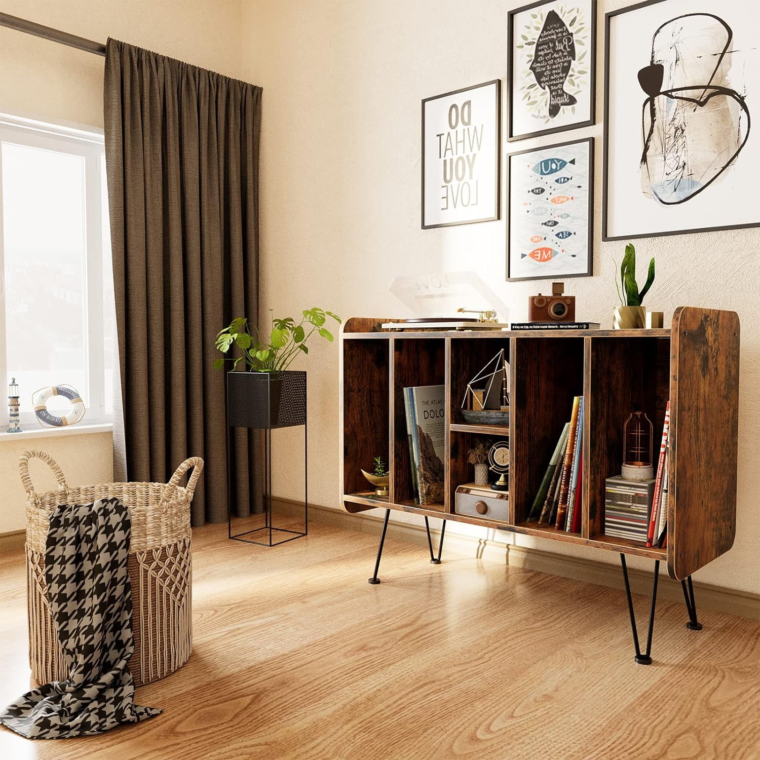 Record Player Stand Large Vinyl Record Storage holds Albums Brown Vinyl Holder Storage Shelf, Side End Table,Turntable Stand with metal legs for Bedroom, Living Room - Image 3