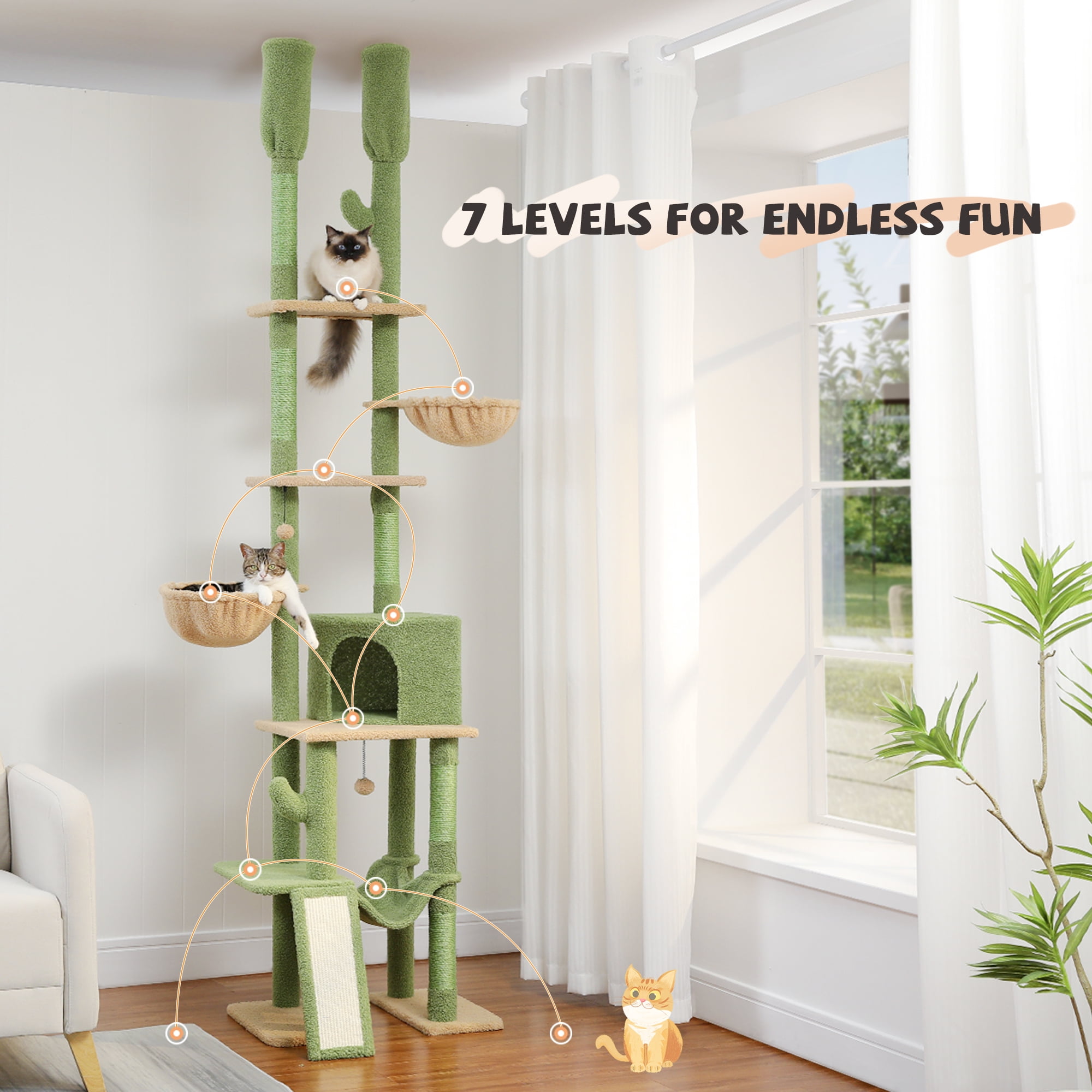 PAWZ Road 85-112" Cactus Cat Tree Floor to Ceiling Adjustable Climbing Cat Tower Scratching Post 2-Hammocks, Green - Image 11