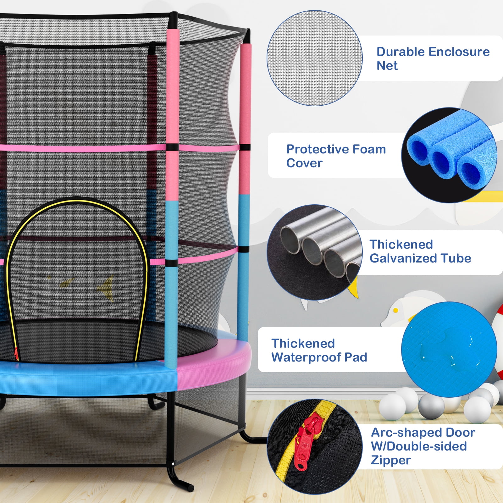 Gymax 55'' Trampoline for Kids Toddler Recreational Trampoline w/ Safety Enclosure Multicolor - Image 9