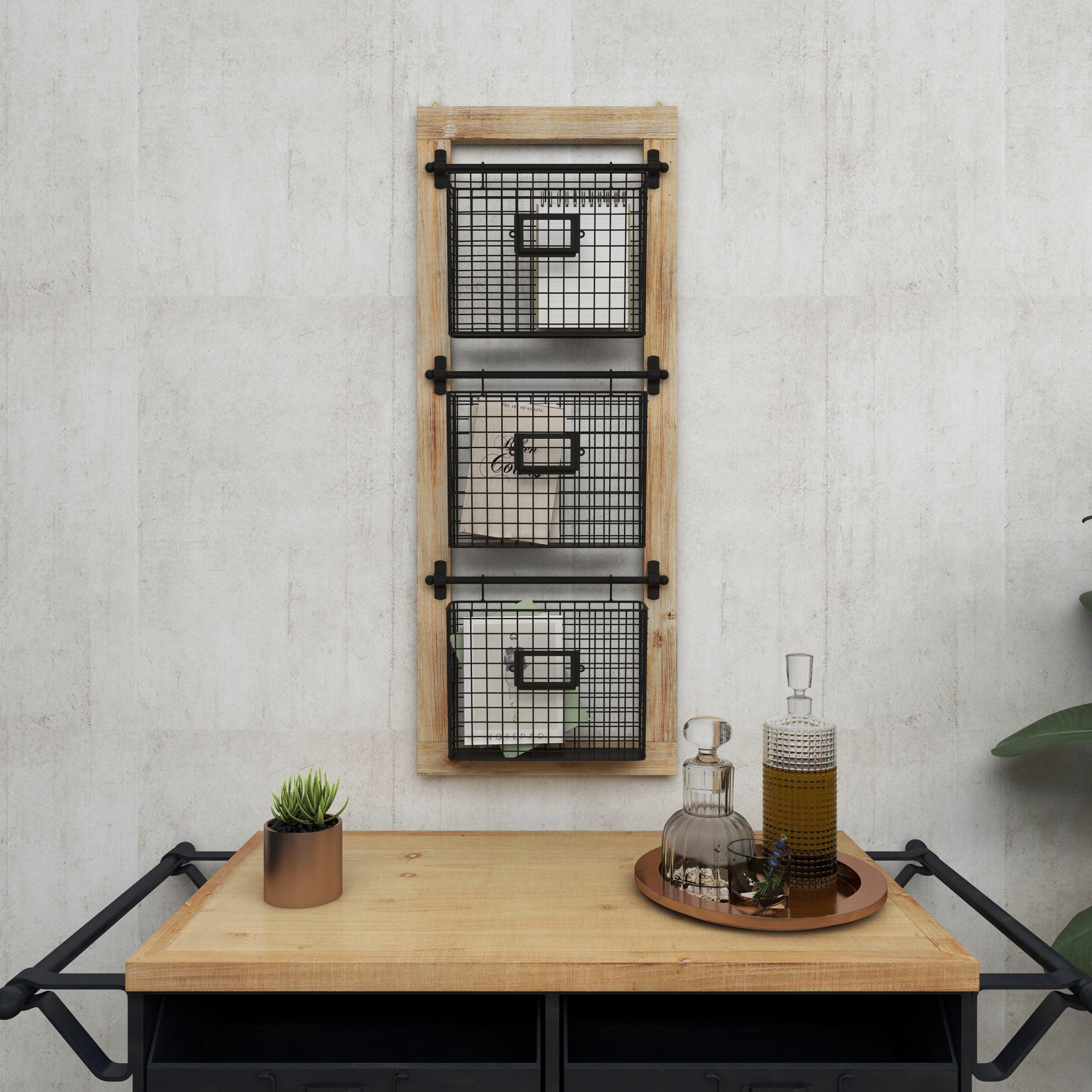 DecMode 36" Black Metal 3 Slot Suspended Wire Basket Magazine Rack Holder with Label Slot - Image 2