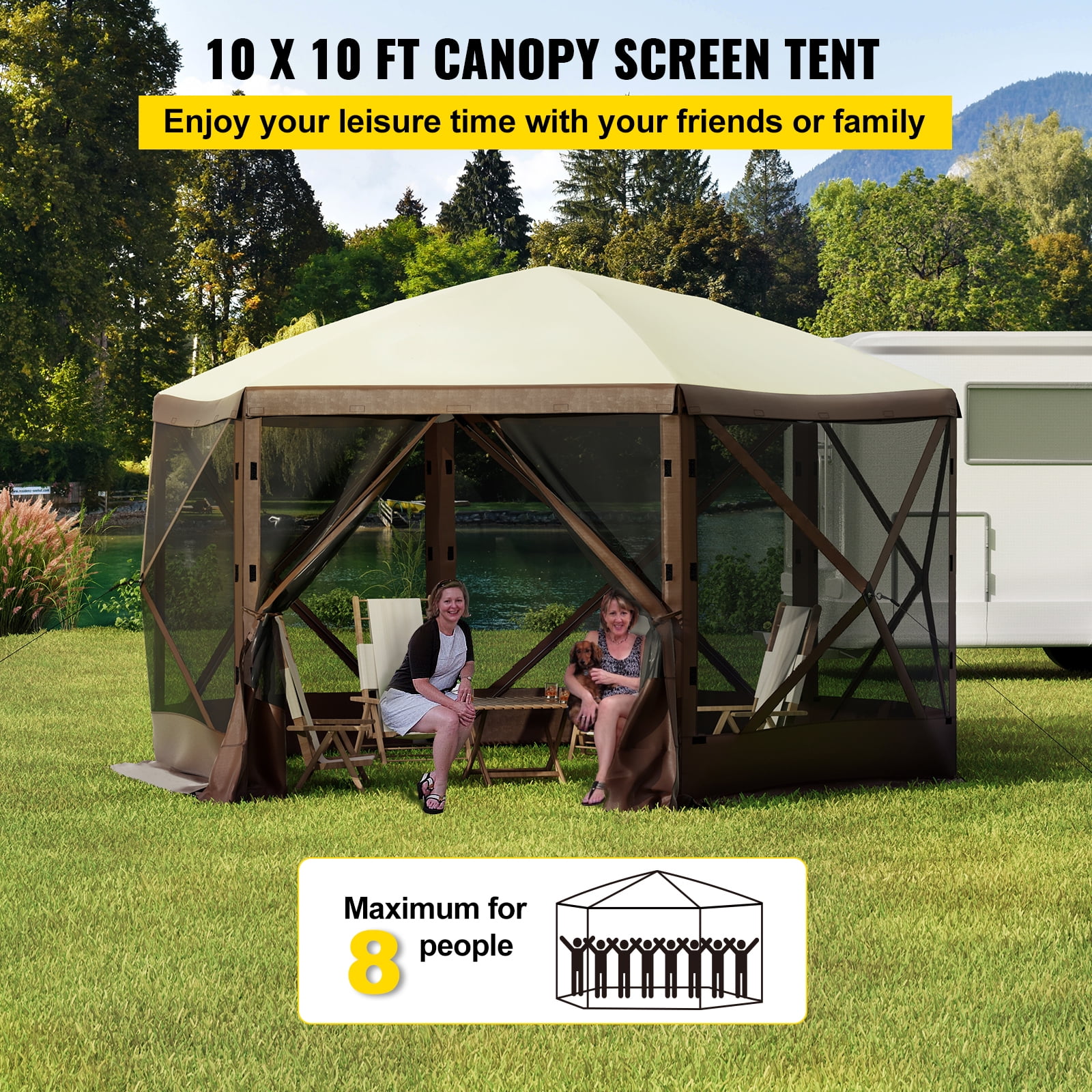 BENTISM 10'x10' Camping Gazebo Tent, 6 Sided Pop-up Canopy Screen Tent for 8 Person Camping, Waterproof Screen Shelter with Portable Storage Bag, Ground Stakes, Mesh Windows - Image 4