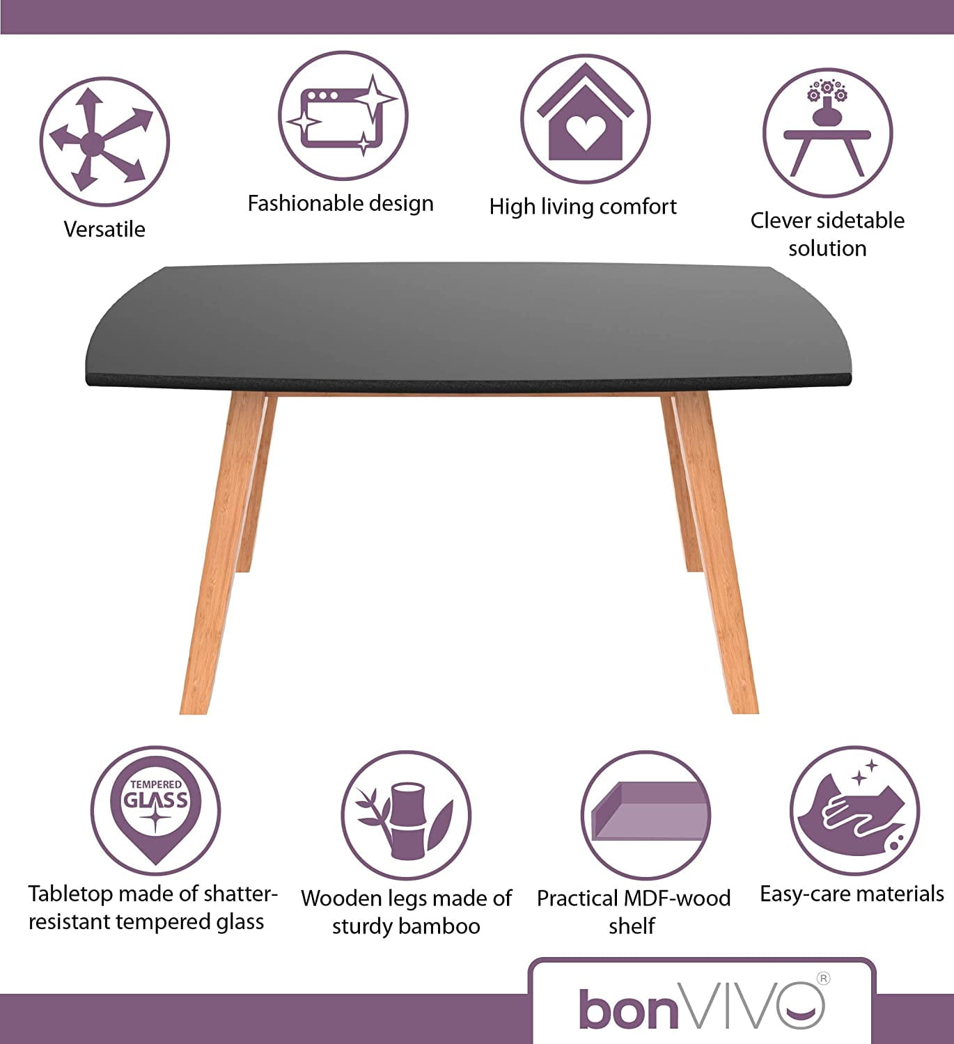 BonVIVO Small Coffee Table - Franz Designer Low Table w/Wooden Bamboo Frame,Men & Women - Image 4