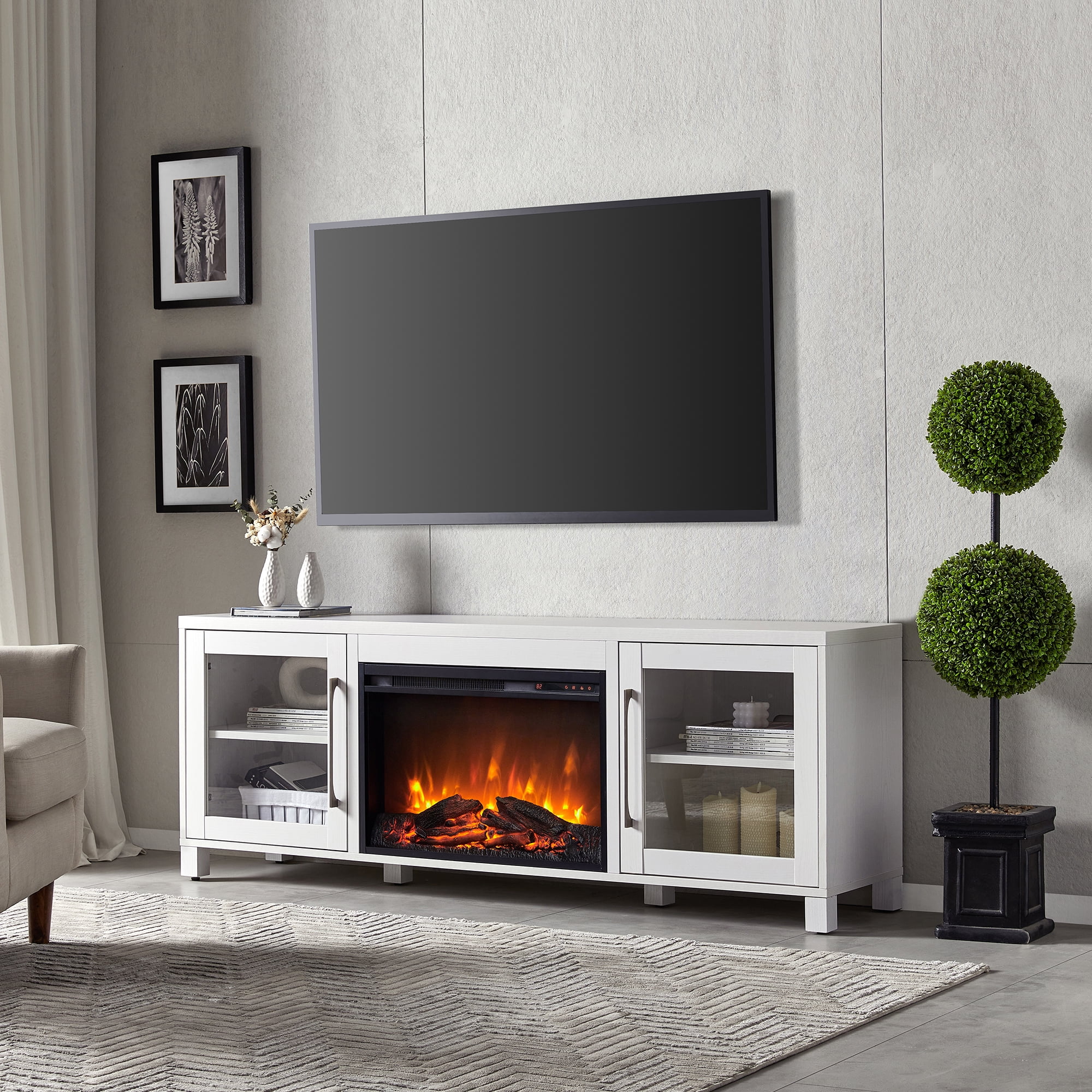 Evelyn&Zoe Quincy Rectangular TV Stand with 26" Log Fireplace for TV's up to 75", White - Image 2