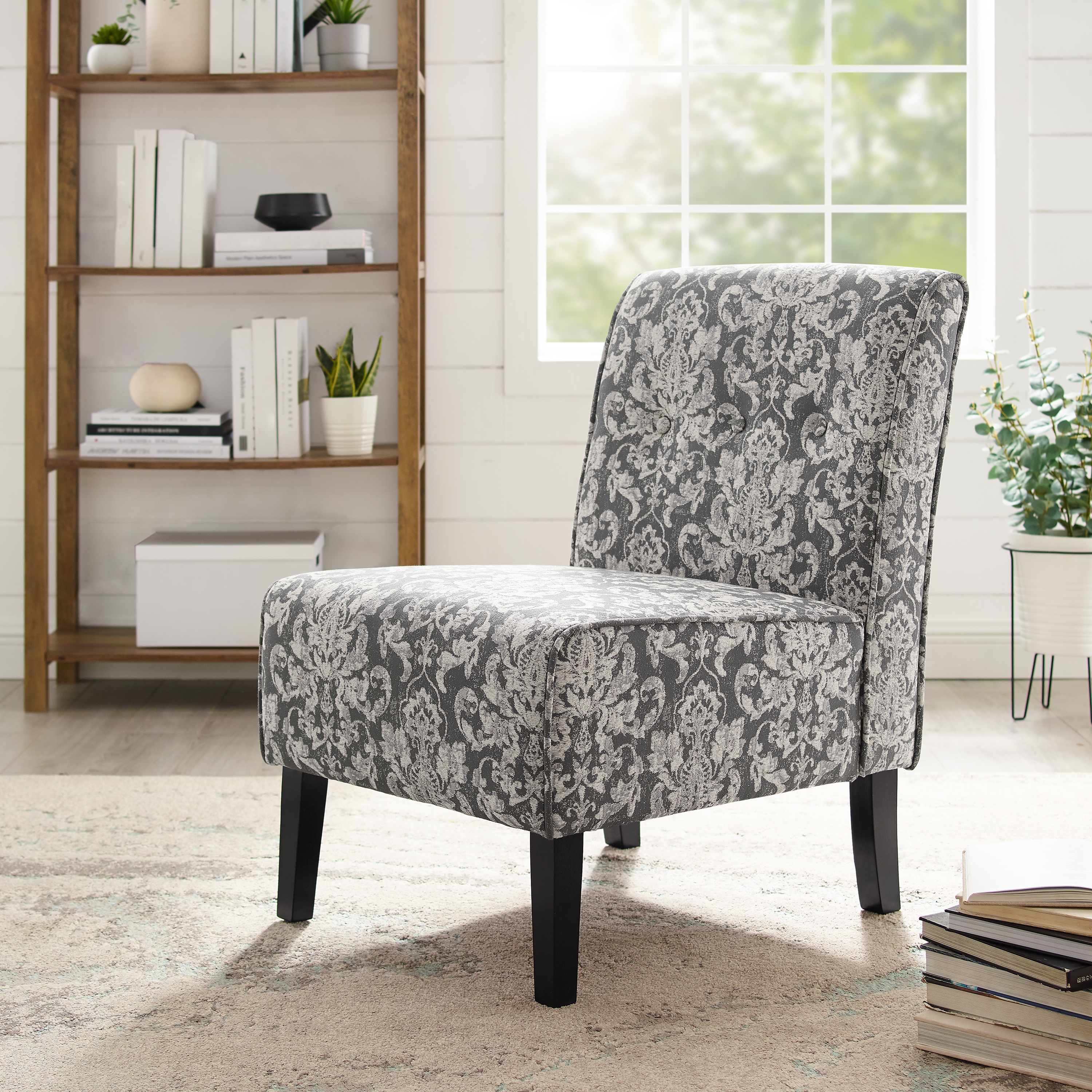 Linon McShane Indoor Upholstered Button Tufted Armless Slipper Accent Chair, Gray Damask - Image 3