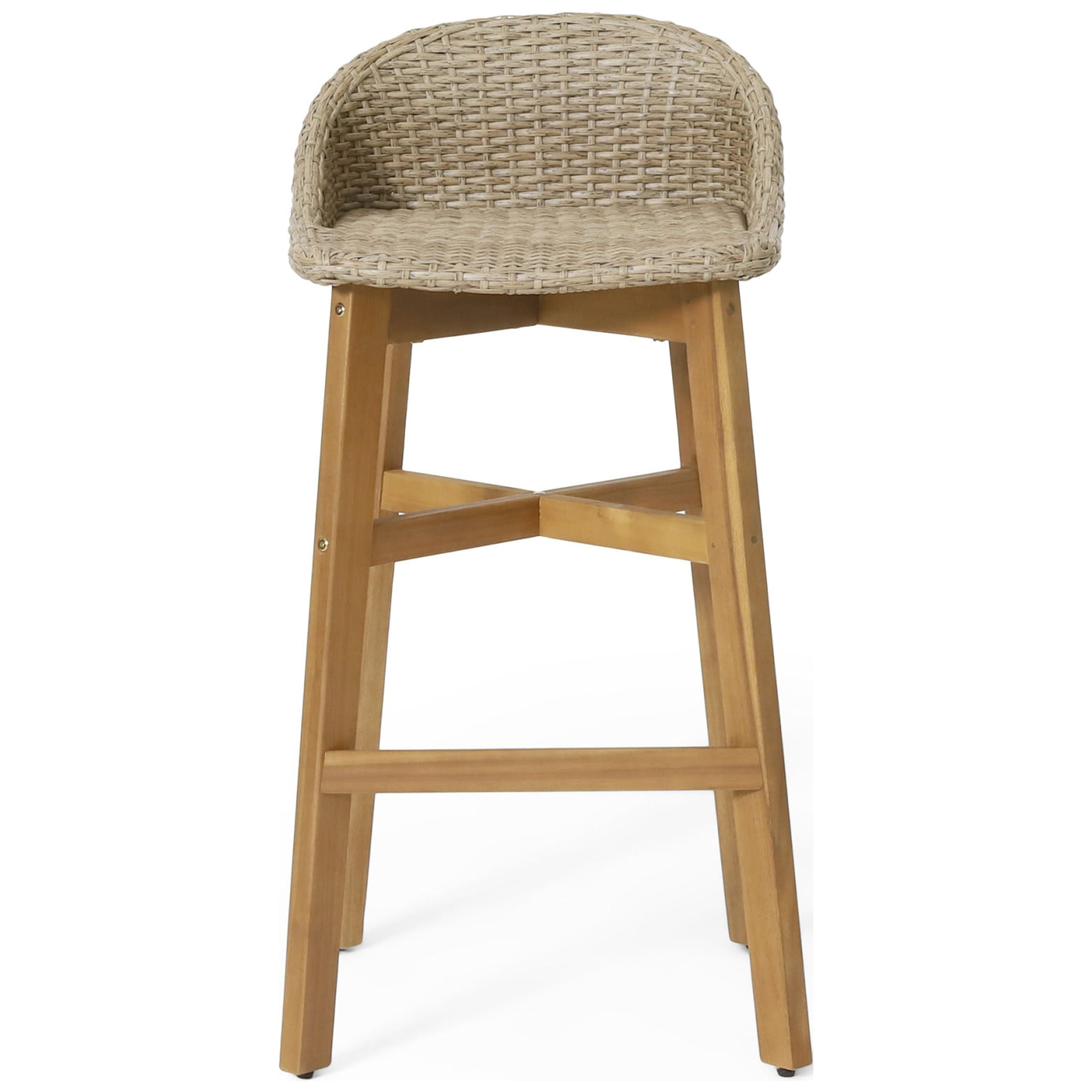 Borah Wicker and Acacia Wood Outdoor Barstools, Set of 2, Light Multibrown and Teak - Image 7