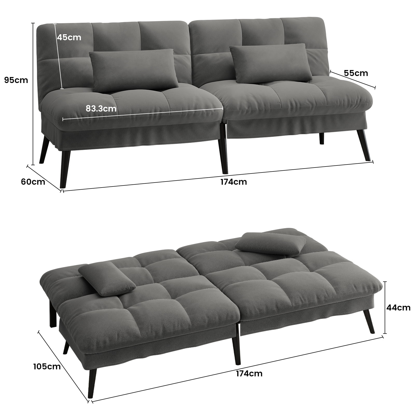 COMHOMA 68'' W Fabric Convertible Futon Sofa Bed with 5 Adjustable Backrest,Gray - Image 9