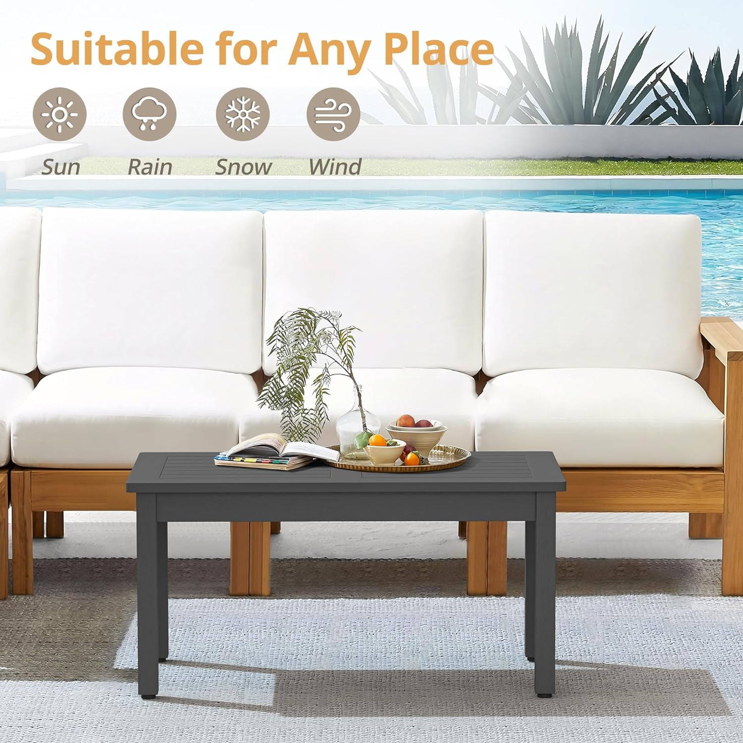 Dycanpo Outdoor Coffee Table Rectangle, HDPS Patio Tables for Outside, 17.7"x 35"x17.7", Dark Gray - Image 3