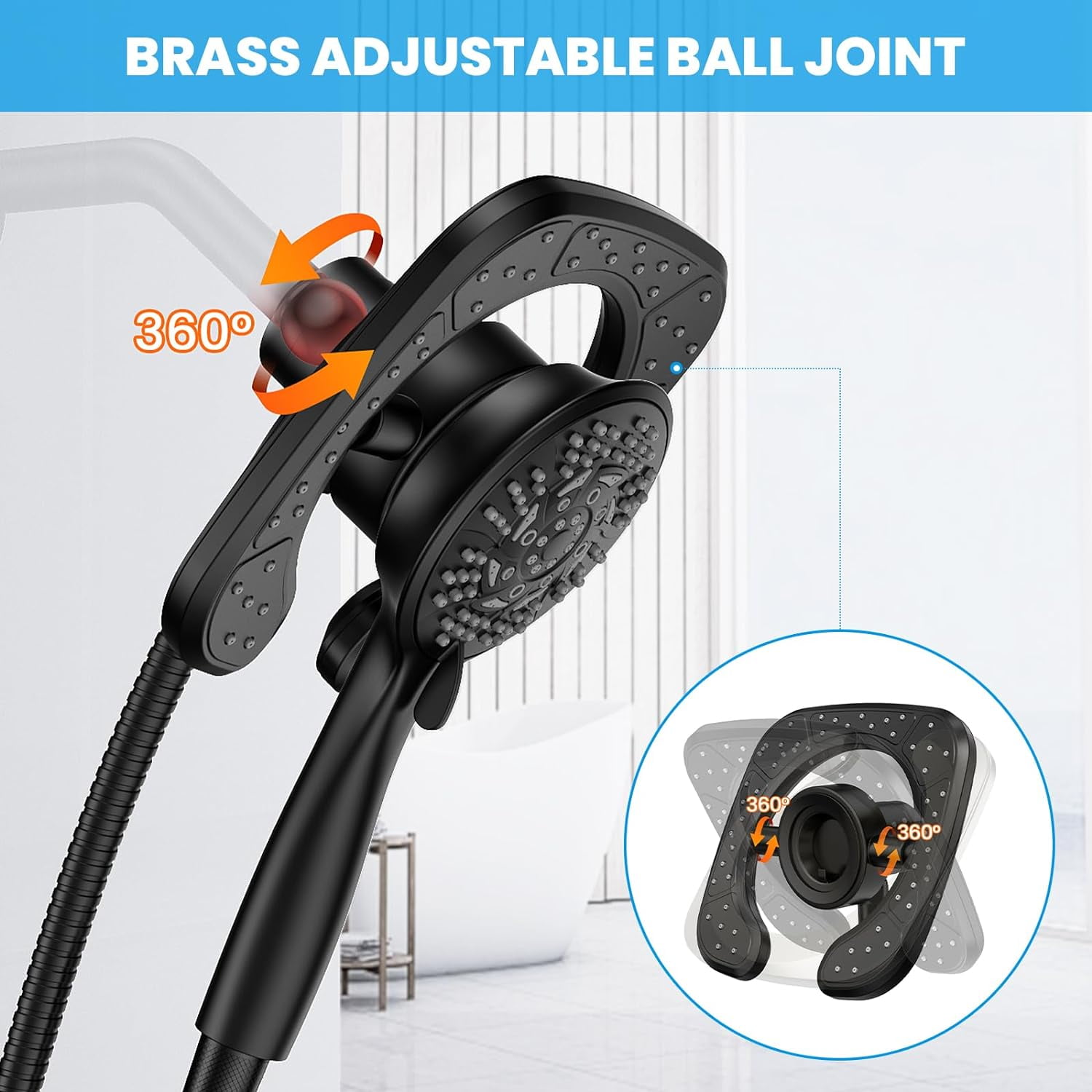 KINGTACK 10-Setting High Pressure Shower Heads, 2 in 1 Rainfall Shower Head & Handheld Showers with Magnetic Docking System, Handheld Shower Head with 59" Rotatable Stainless Steel Hose, Black - Image 7