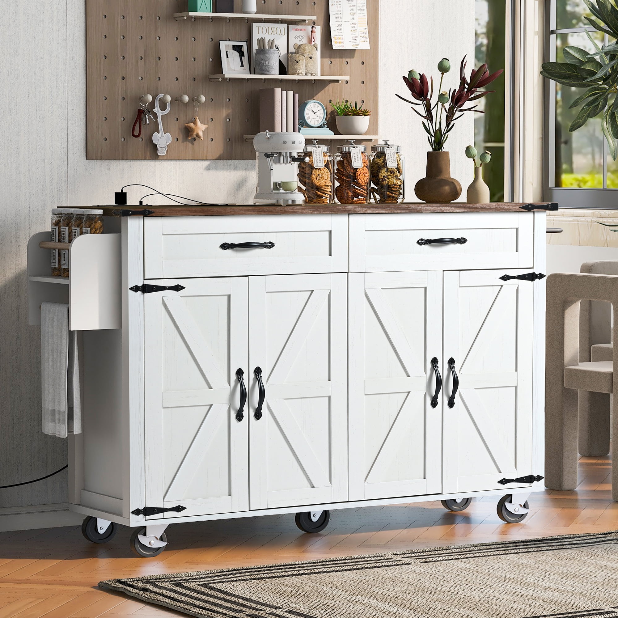 Euroco Farmhouse Kitchen Island with Storage, Rolling Kitchen Cart on Wheels with Power Outlet,Drop Leaf, Spice Rack and Drawer for Dining Room, White - Image 5