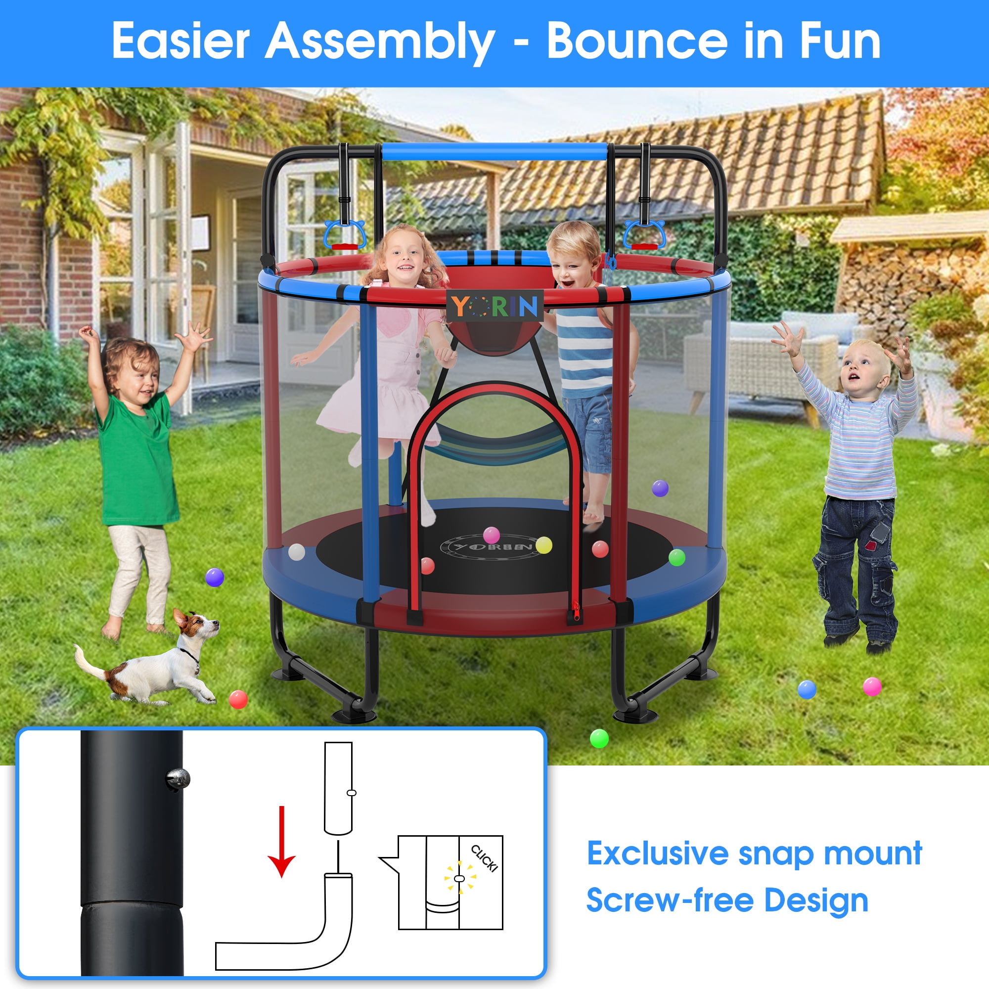 YORIN Trampoline for Kids, 60" 55" 66" Toddler Mini Trampoline with Enclosure Net, Basketball Hoop, 5FT Indoor/Outdoor Kids Trampoline with Swing, Adjustable Gymnastics Bars, Gifts for Kids, 600LBS - Image 4