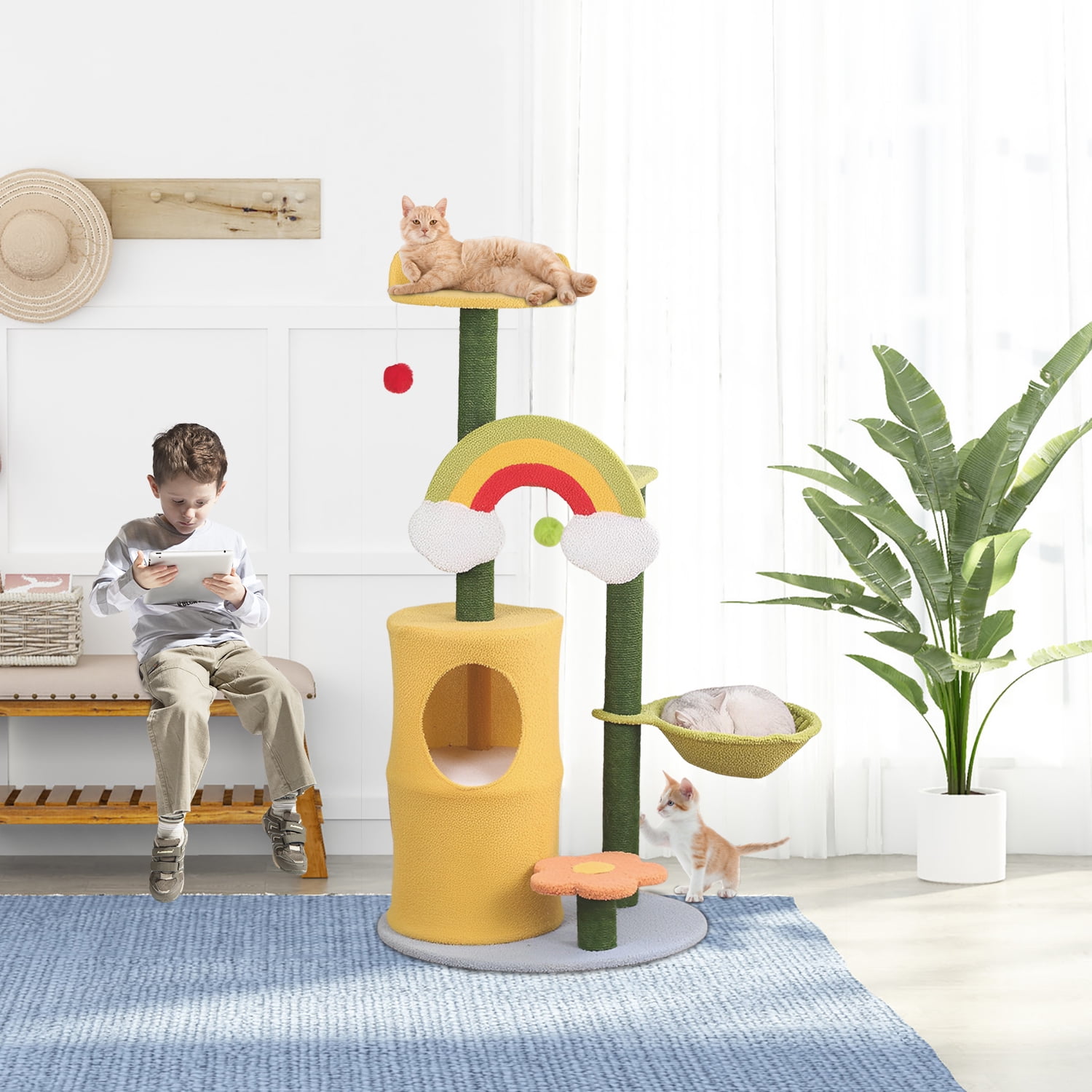 LitaiL 47"H Cat Tree with Scratching Posts, Rainbow Cat Tower with Double Cat Condos and Hanging Balls, Cat Furniture for Indoor Kittens - Image 4