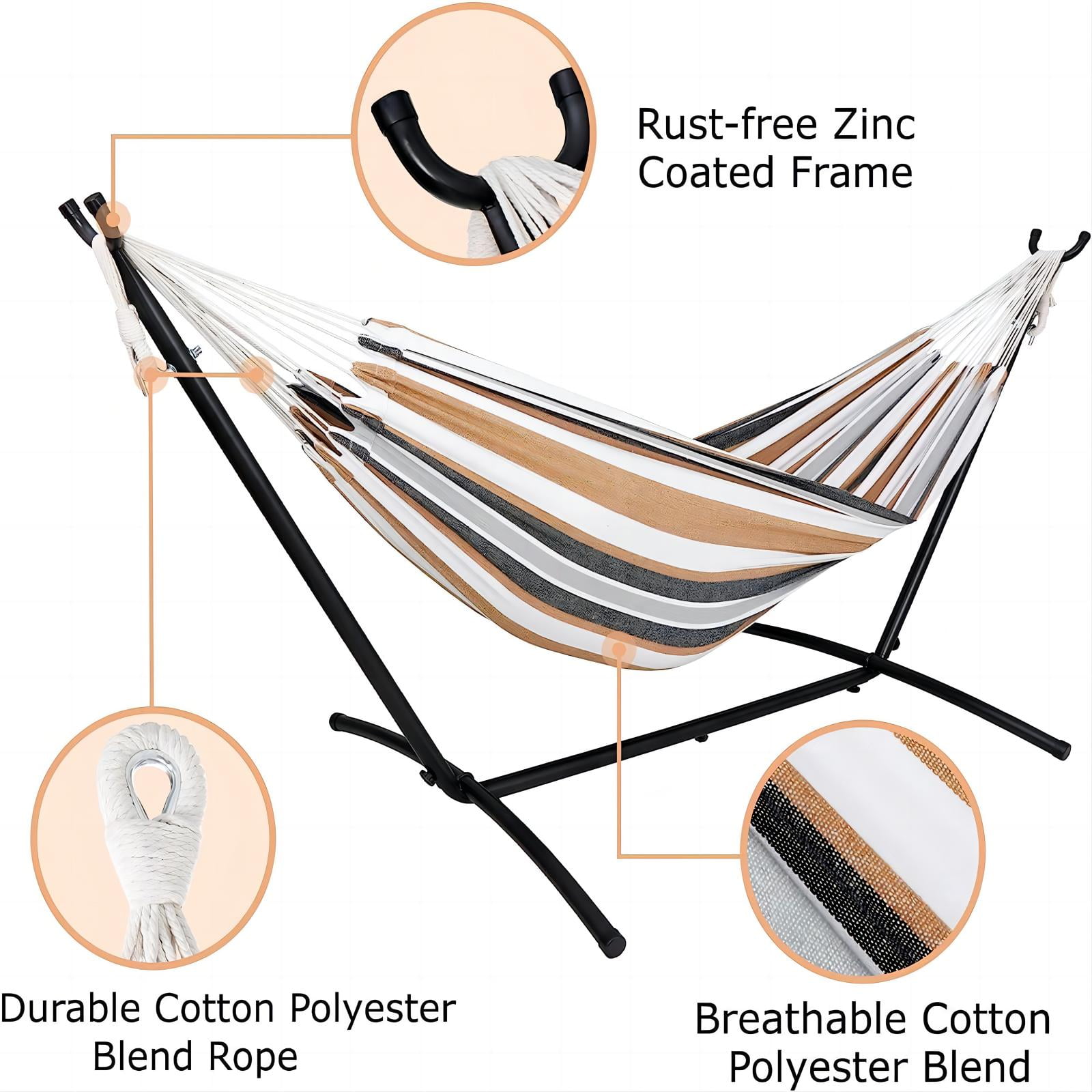 Vebreda 2-Person Brazilian-Style Cotton Double Hammock with Stand Set w/ Carrying Bag - Brown - Image 4