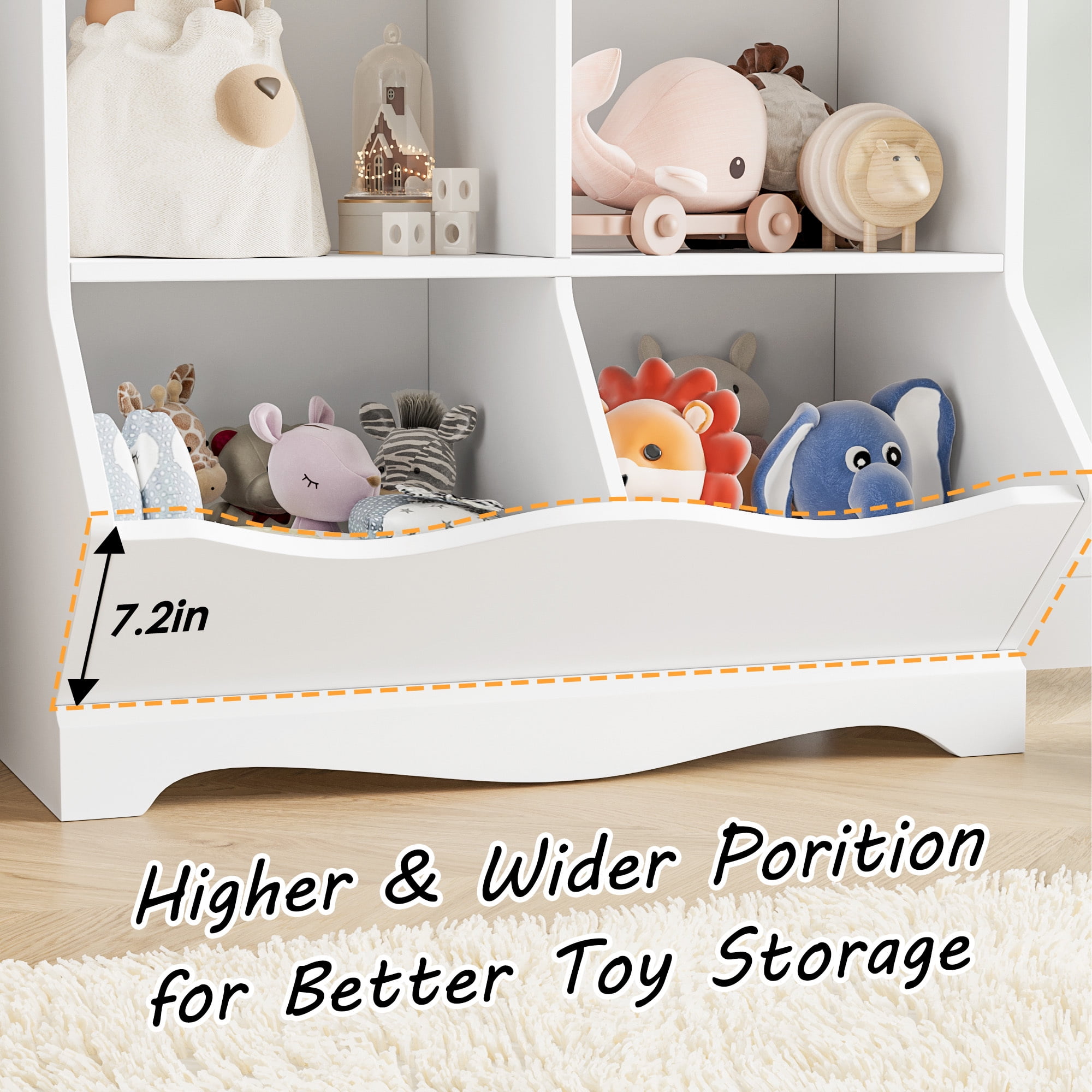 Homfa Kids Bookcase with Book Rack, Wood Cube Toy Storage Cabinet with 4 Bins for Kidsroom Playroom, White - Image 5