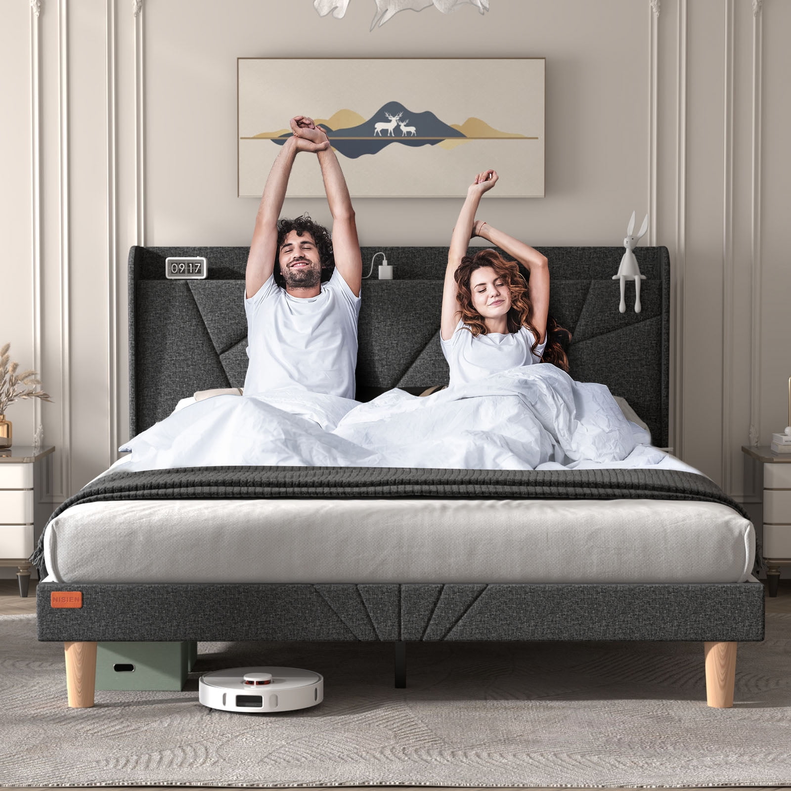 NISIEN Queen Bed Frame with Charging Station, Upholstered Platform Bed with Wingback Storage Headboard, Dark Gray - Image 7