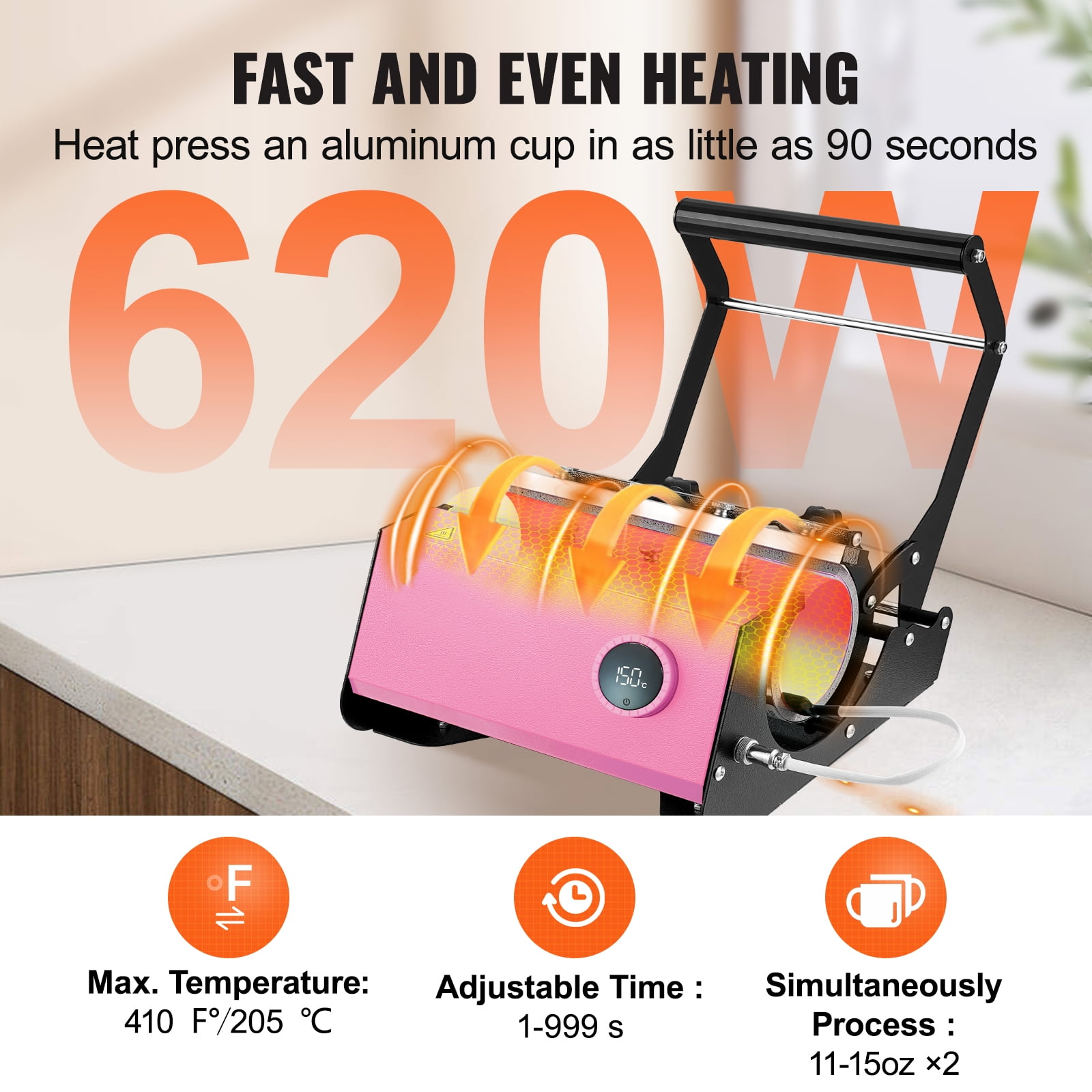 VEVOR Tumbler Heat Press, 30oz Mug Heat Press Machine Sublimation Transfer 11-15oz 16-25oz 30oz Straight Skinny Tumblers, Cup Heat Mug Press DIY Mug Cup Heat Transfer with Heat-Resist Gloves(Pink) - Image 8
