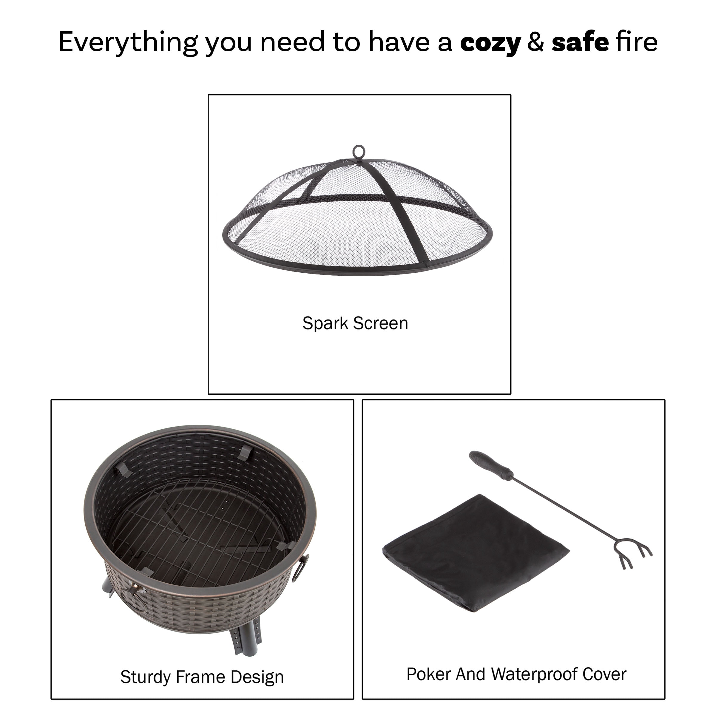 Pure Garden 25.5" Wood Burning Outdoor Fire Pit with Screen, Poker & Cover, Basketweave Design, Bronze - Image 6