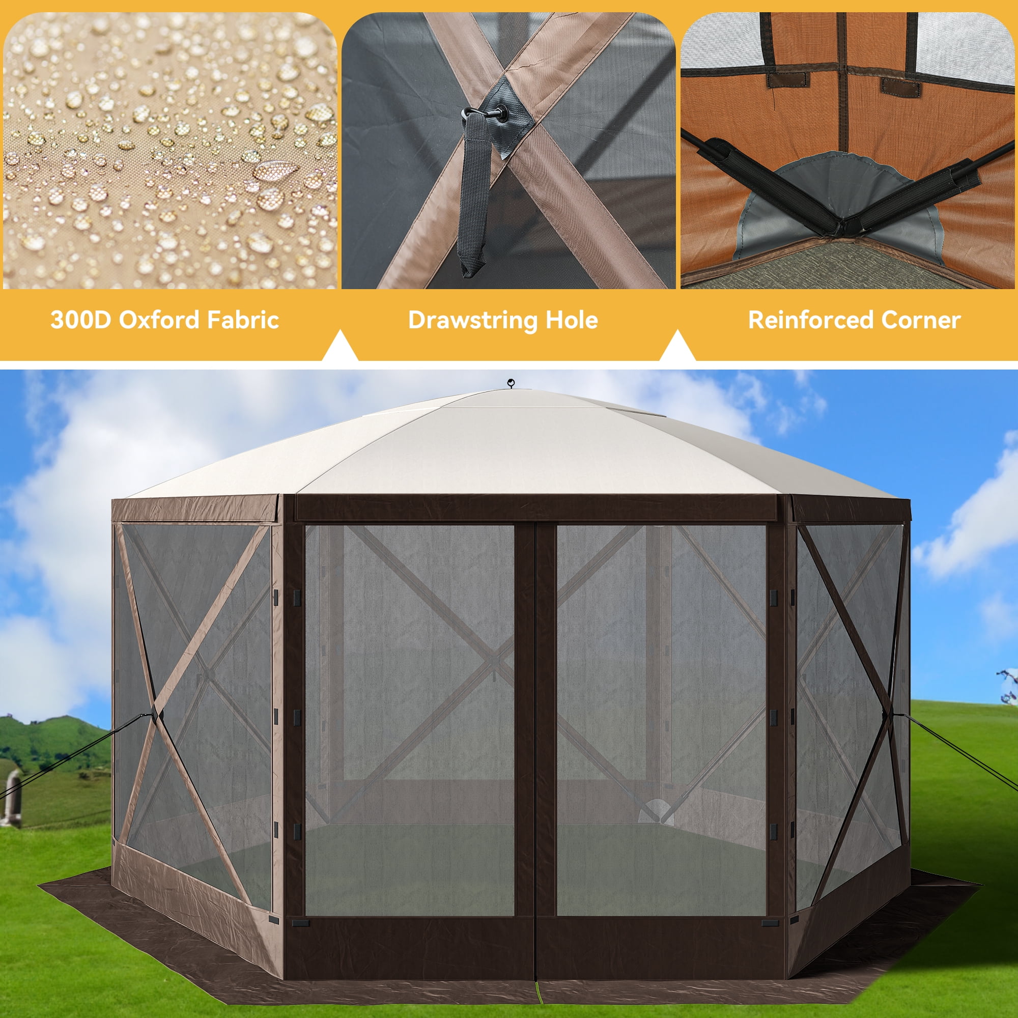 Dextrus 12x12ft Camping Gazebo, Portable Pop Up Canopy Outdoor Screen Tent 6 Sided with Mesh Windows and Carry Bag for Camping, Picnic, Backyard Party Outside Activities, Brown - Image 3