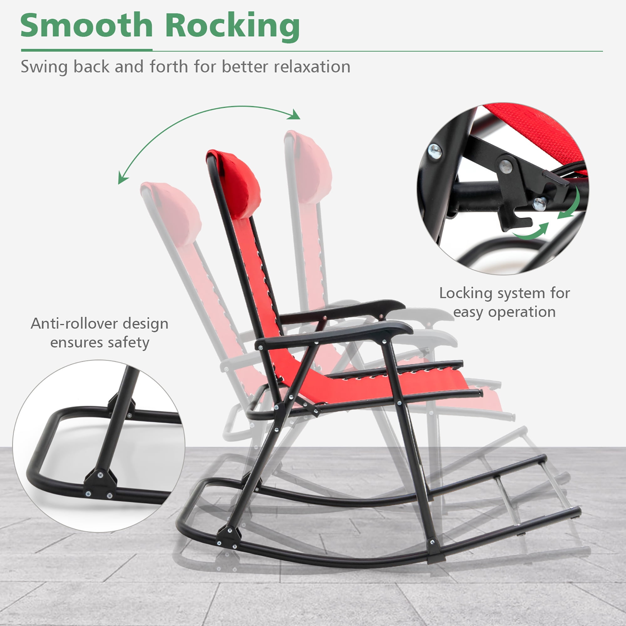 Costway Patio Camping Rocking Chair Folding Rocker Footrest Lightweight Outdoor Red - Image 5