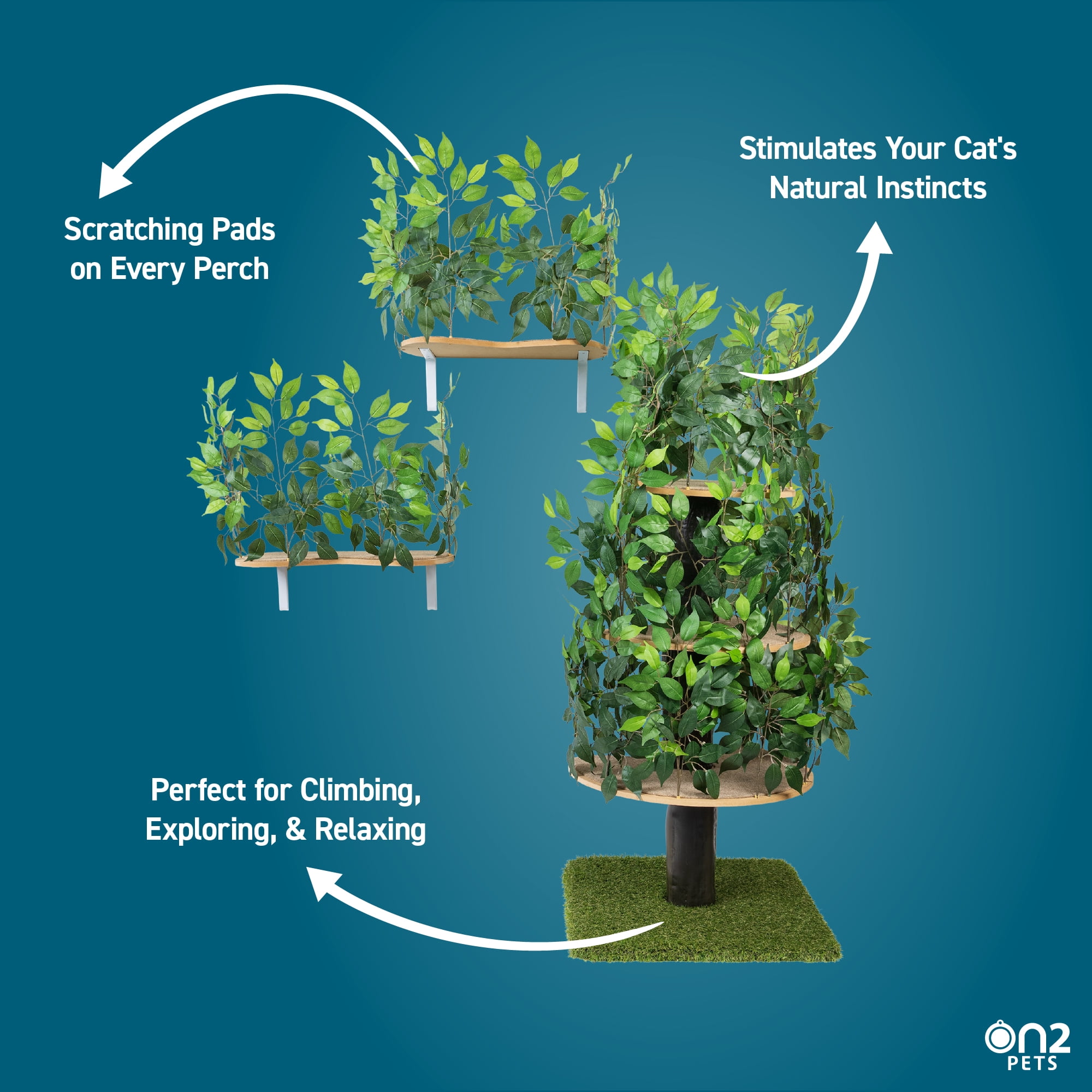 On2 Pets Bundle Cat Activity Tree with Leaves, Cat House & Cat Condo with a Set of 2 Wall-Mounted Cat Shelves, A - Image 3