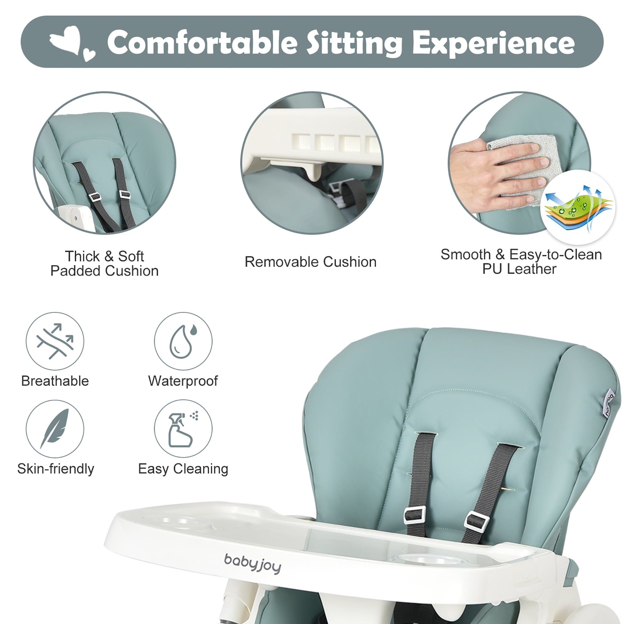 Babyjoy Foldable Baby High Chair w/ Double Removable Trays & Book Holder Green - Image 9