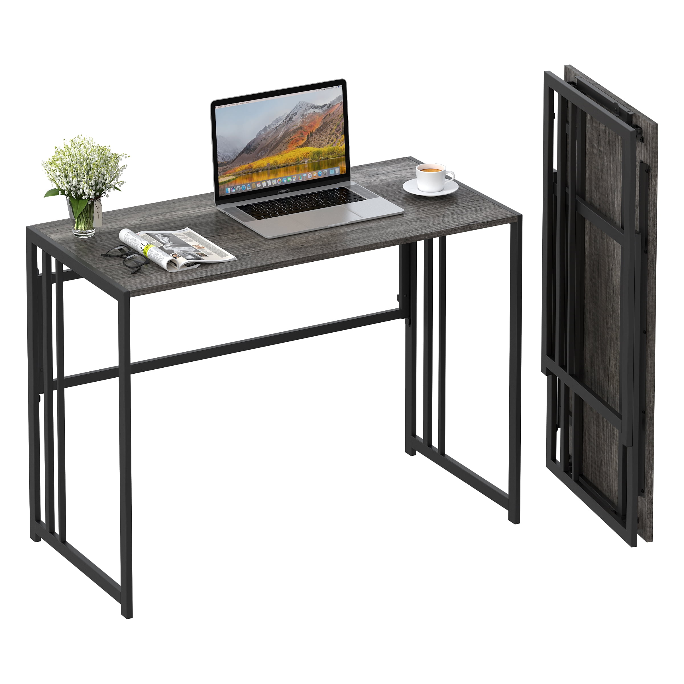 GEZEN Folding Desk Console Table No-Assembly Study Office Desk Small Spaces, Black Oak - Image 3