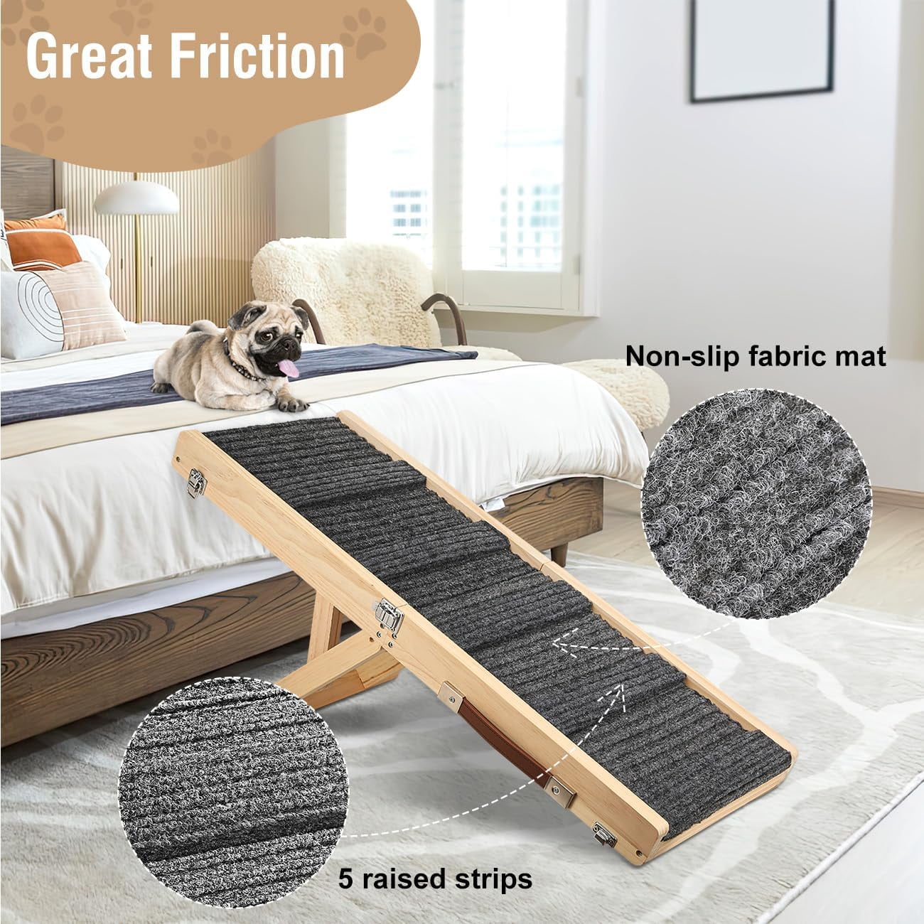Pawaboo Foldable Dog Ramp for Couch, Portable Wooden Pet Ramp, 4 Adjustable Height from 7.9" to 17.7", Stable Pet Steps Fit for Small Medium Dogs Cat with Non-Slip Mat, Use for Car Couch Bed Stairs - Image 8