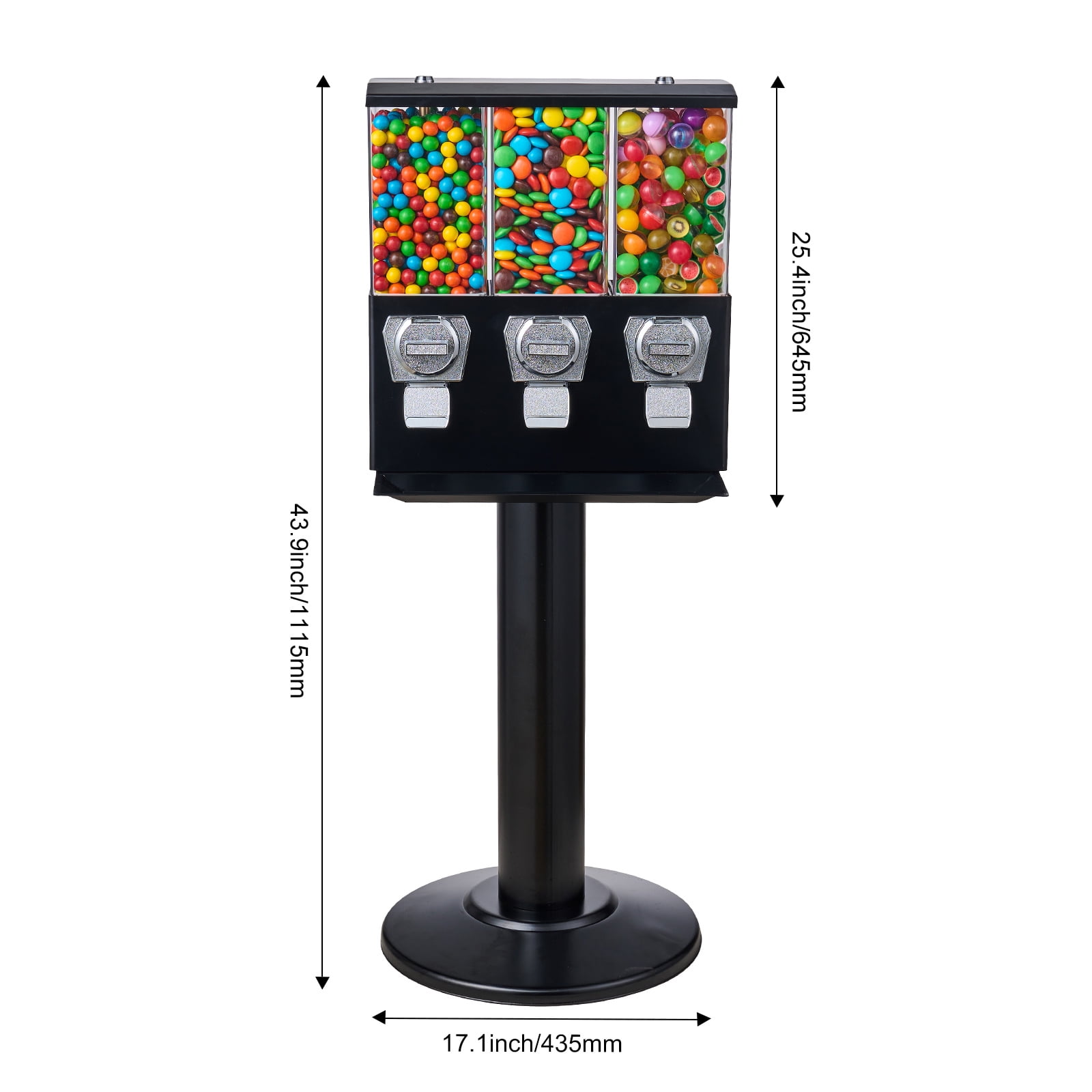KFFKFF Black Gum Ball with Stand Vending Machine 44in Height Freestanding Commercial 25 Cents Coin Operated Gumball Bank 3 Compartment Candy Dispenser Vintage Candy Dispenser - Image 8