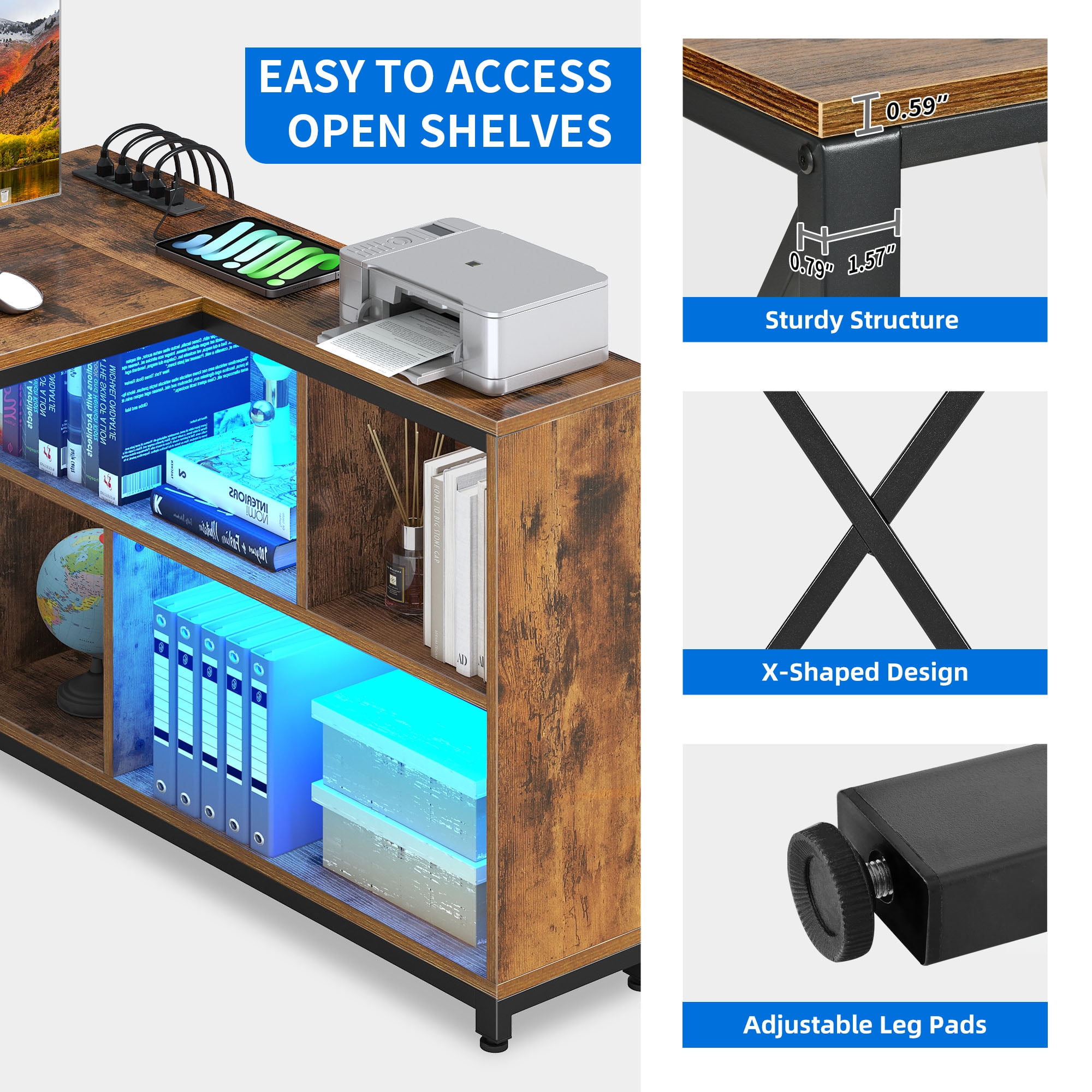 Dextrus L Shaped Desk with LED Light & Power Outlets, 55 Inch Reversible Corner Desk with Storage Shelves, Computer Desk Office Desk Executive Desk Writing Desk for Home Office, Brown - Image 4