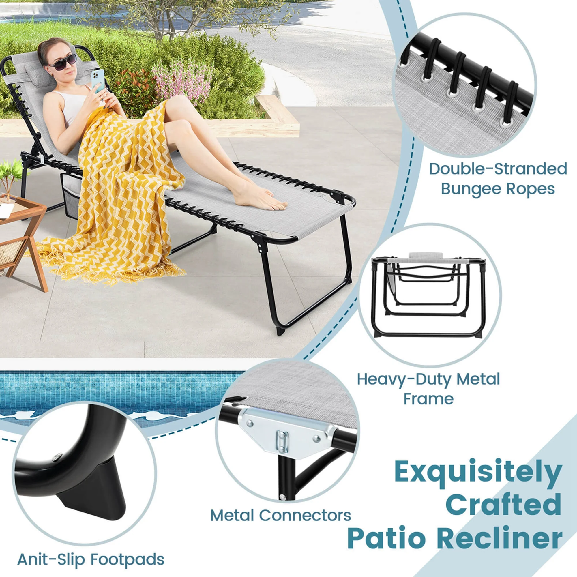 Costway Folding Beach Lounge Chair Heightening Design Patio Lounger w/ Pillow-Gray - Image 7