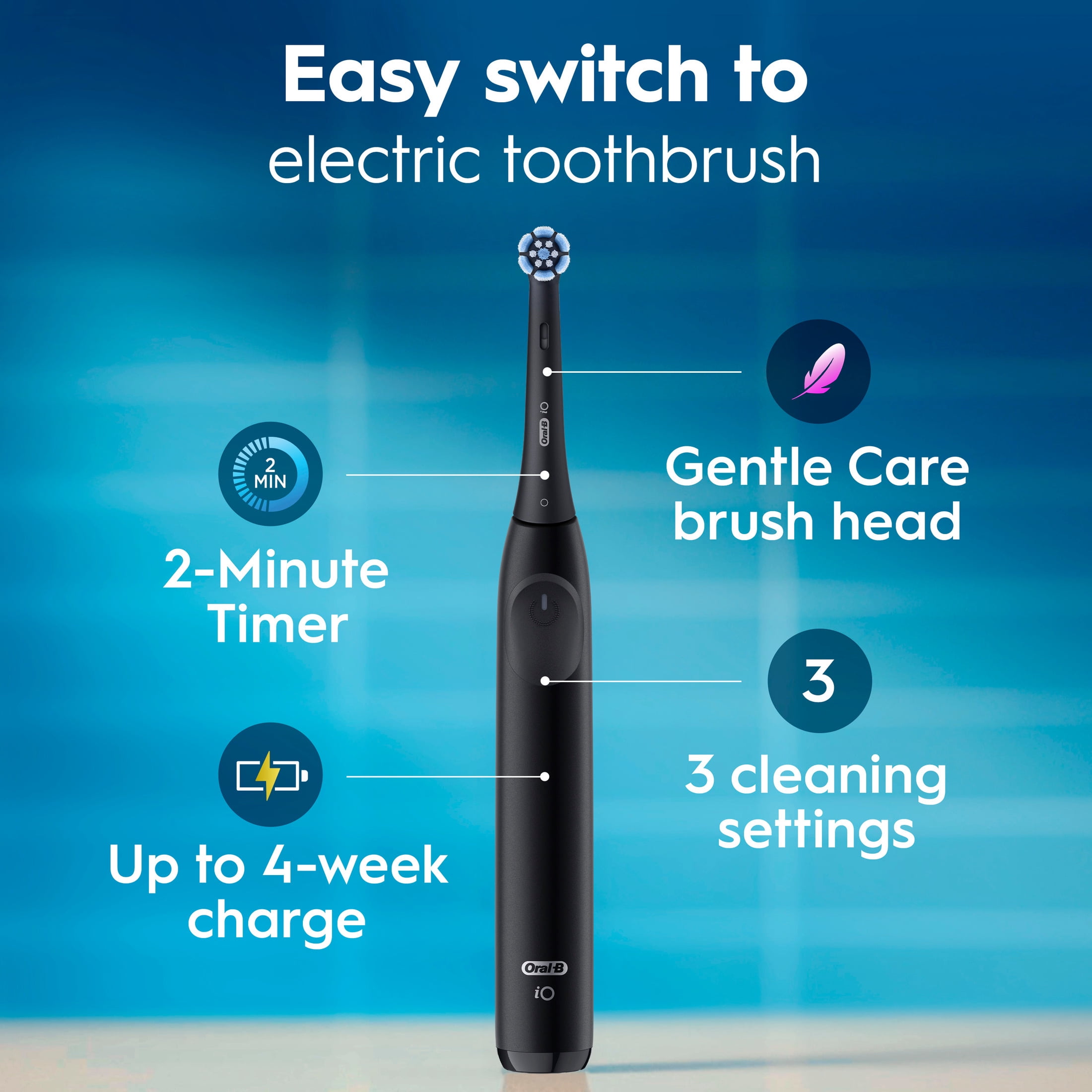 Oral-B iO Series 2 Rechargeable Electric Toothbrush for Adults & Kids 3+, Night Black, 1 Gentle Care Brush Head - Image 10