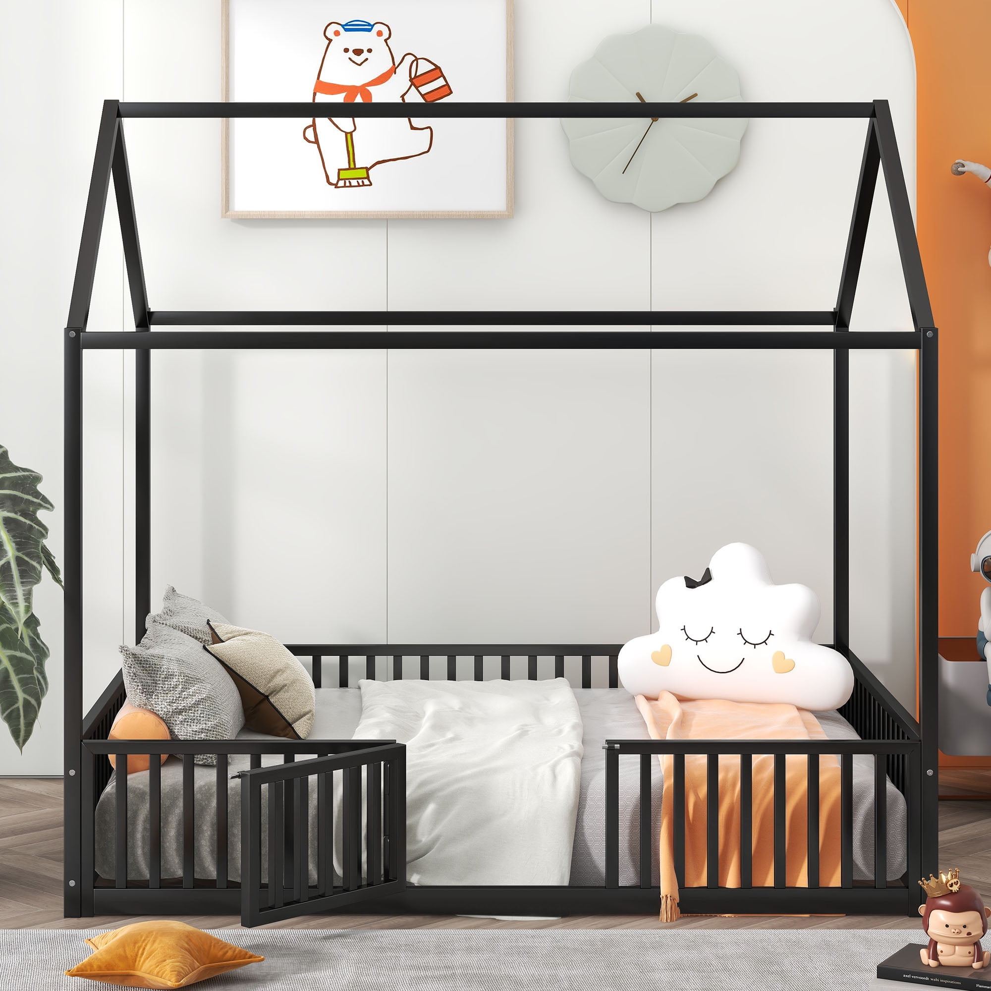 Euroco Metal Twin Size House Bed Frame, Low Profile Canopy Bed with Fence and Door for Kids, Black - Image 3