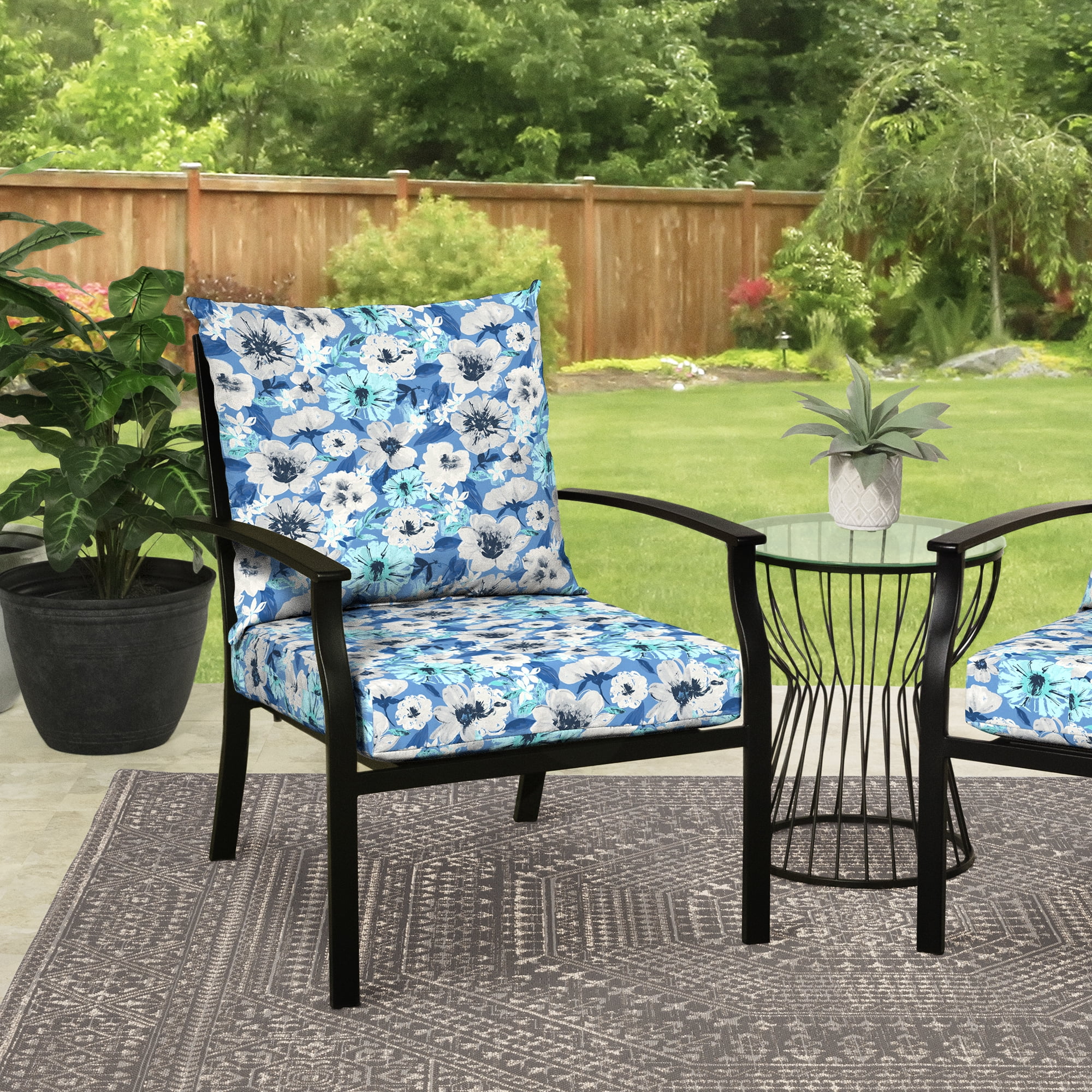 (2 pack) Mainstays 45" L x 22.75" W Blue Floral Rectangle Outdoor 2 Piece Deep Seat Cushion - Image 3