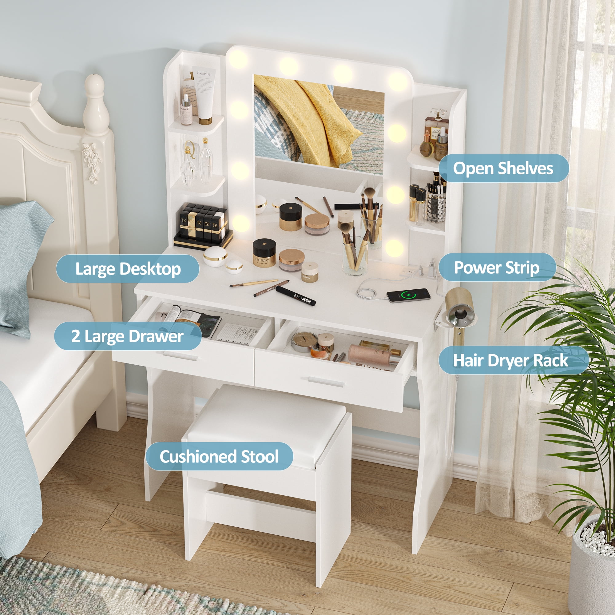 Vabches Vanity Set with Mirror and Lights & Power Outlet Makeup Vanity with 2 Drawers& 6 Shelves, White - Image 8