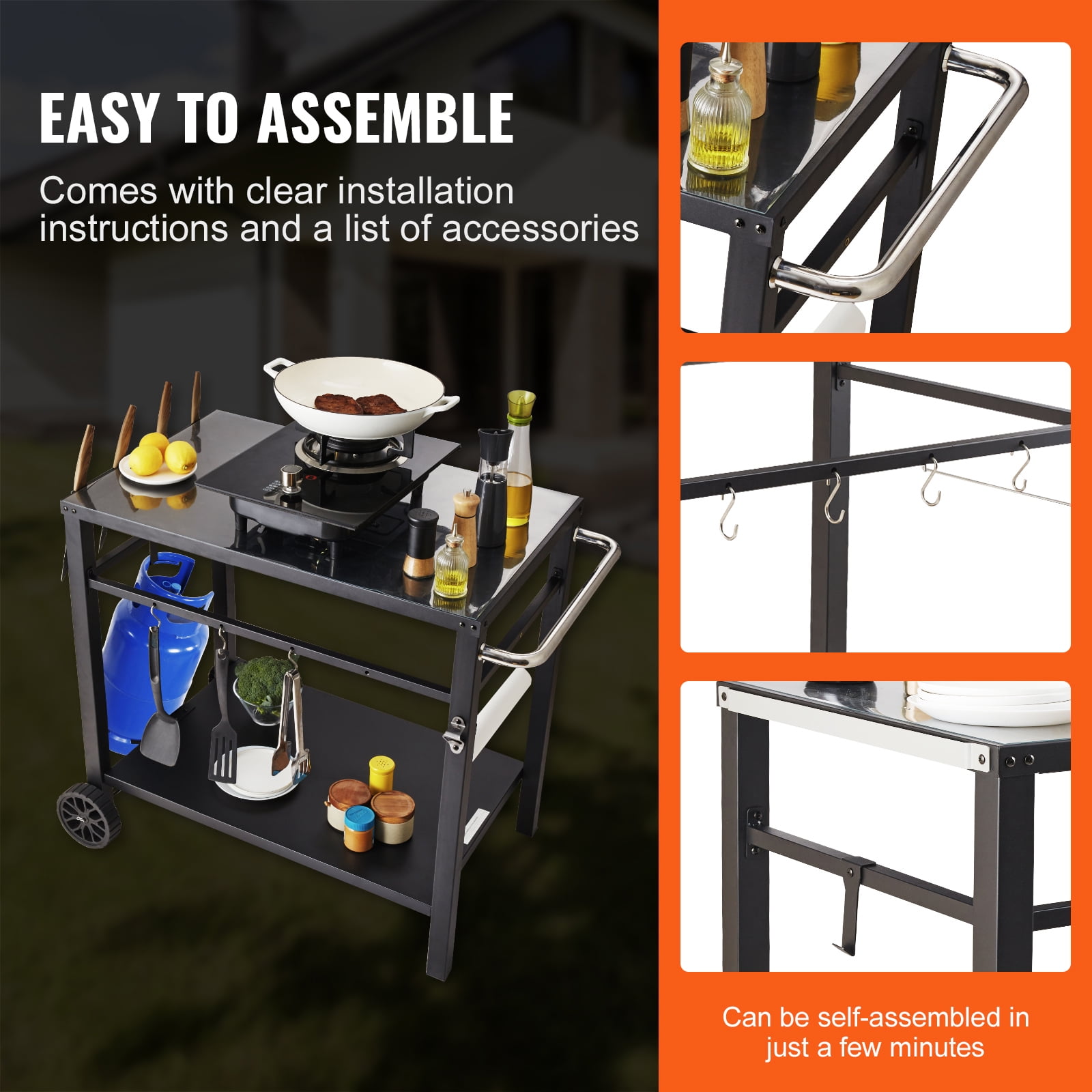 KFFKFF Outdoor Grill Cart with PVC Table Mat, 2 Tier Portable Modular Carts for Pizza Oven BBQ Mobile Grill Cart Food Preparation for Garden, Backyard - Image 7