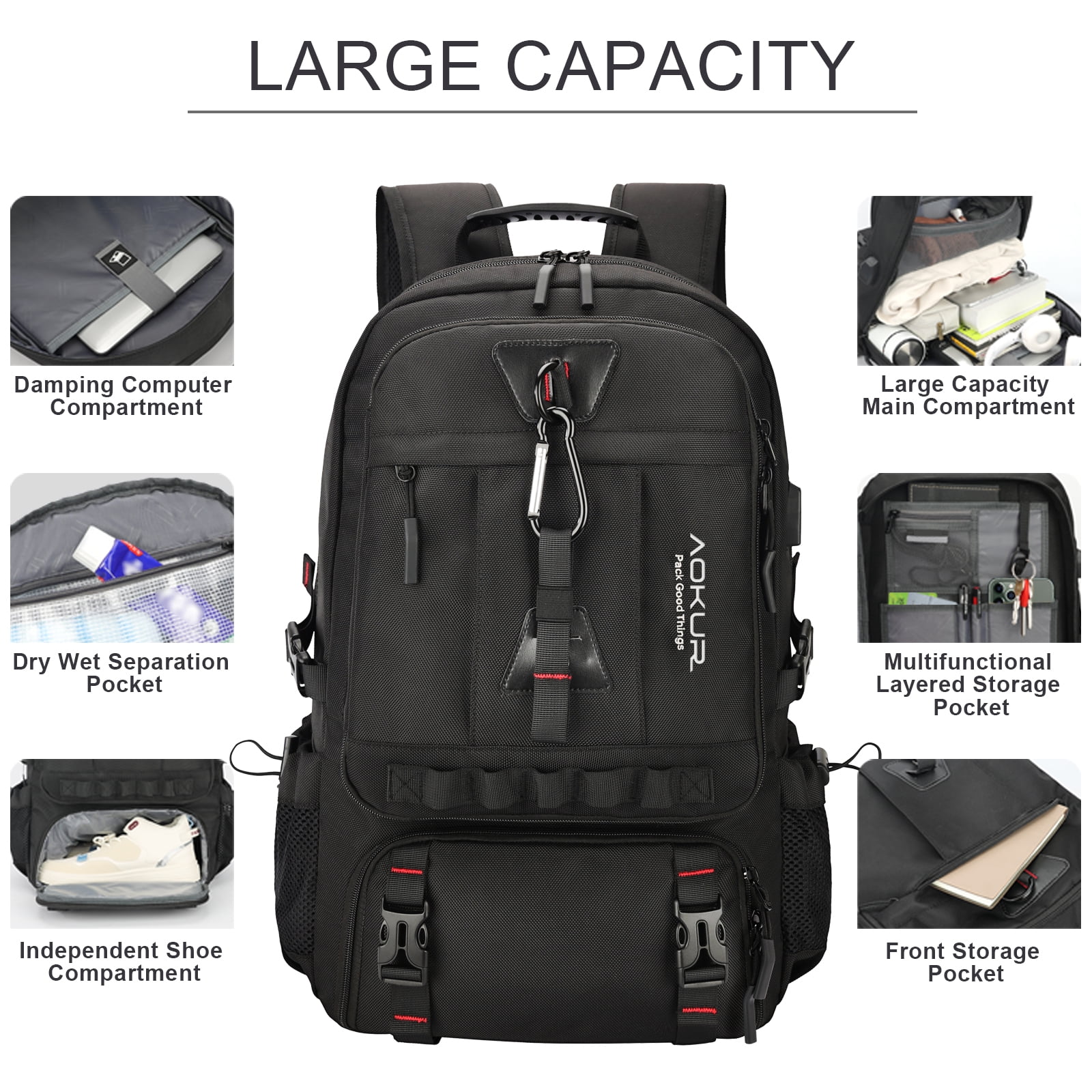 Aokur Unisex Expandable Waterproof Travel Laptop Backpack, Black - Image 3