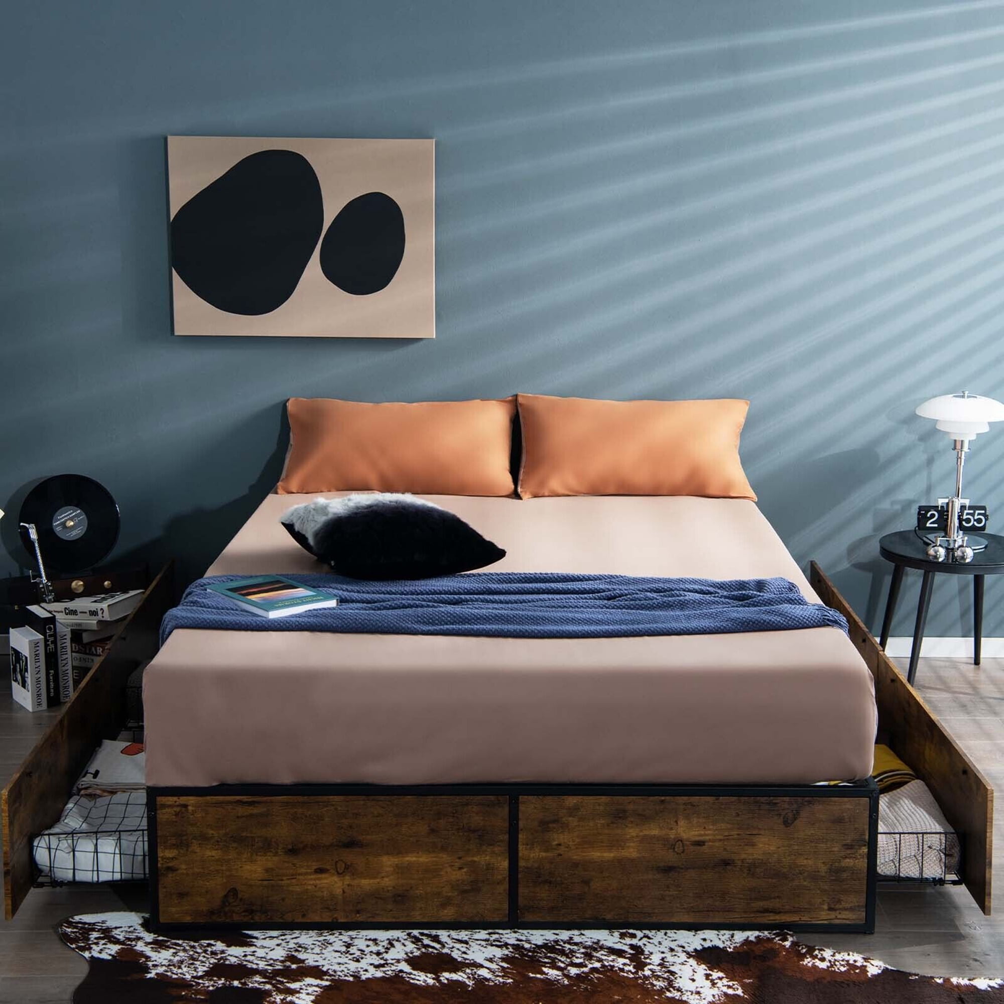 Gymax Queen Industrial Metal Platform Bed Frame with 4 Drawers Wooden Footboard - Image 5