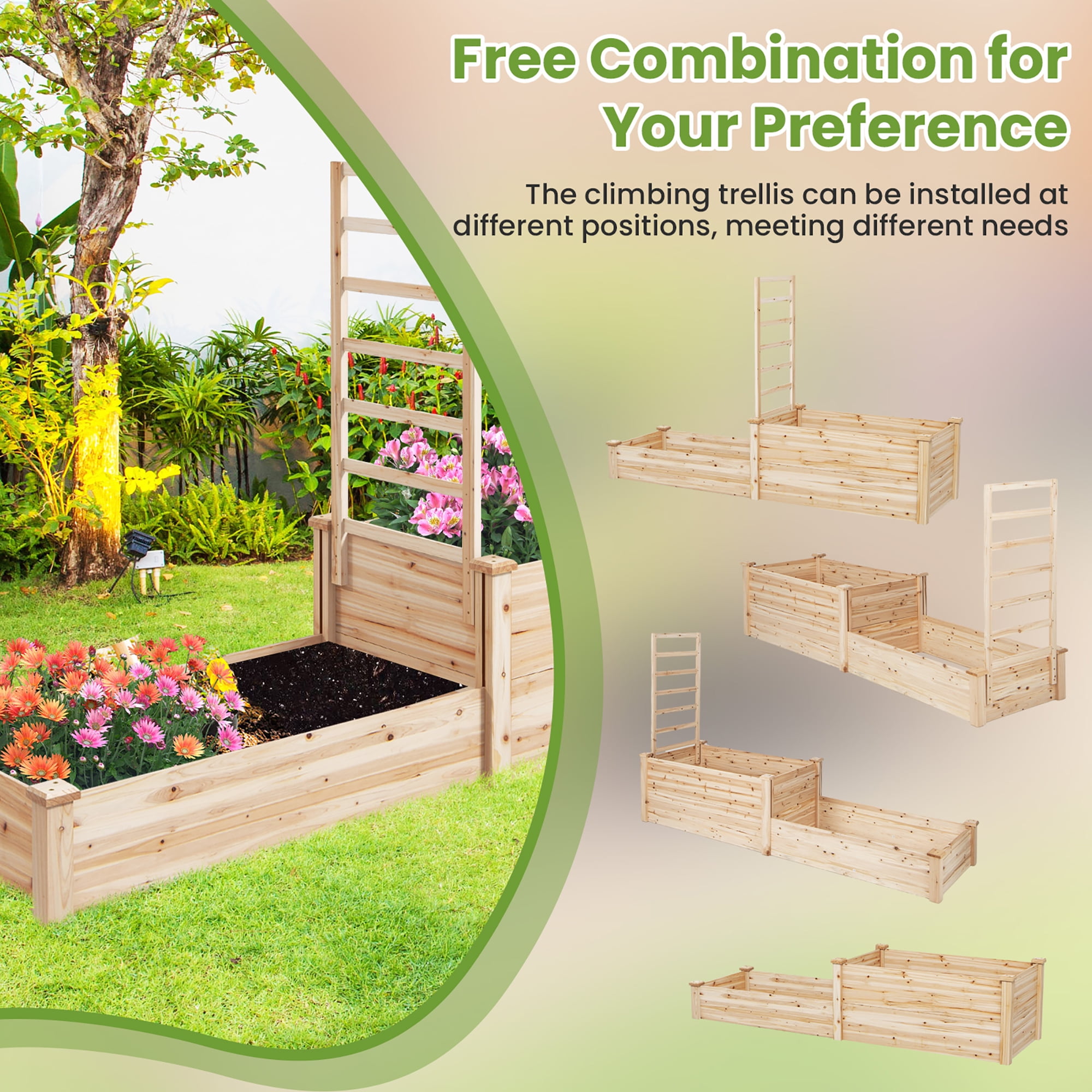 Gymax Raised Garden Bed w/ 2 Planter Boxes & Trellis Outdoor Wooden Planter Box Kit for Sapling - Image 2