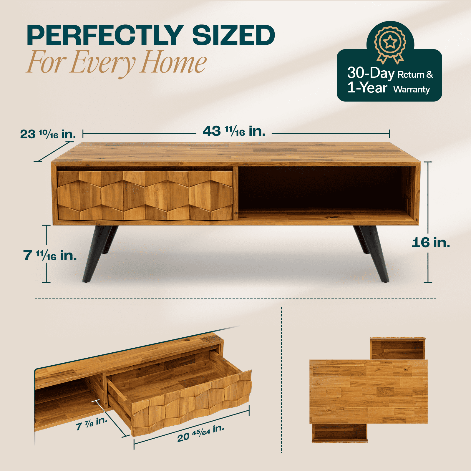 Patronza Solid Wood Coffee Table 2 Alternate Drawers, Autumn - Image 8
