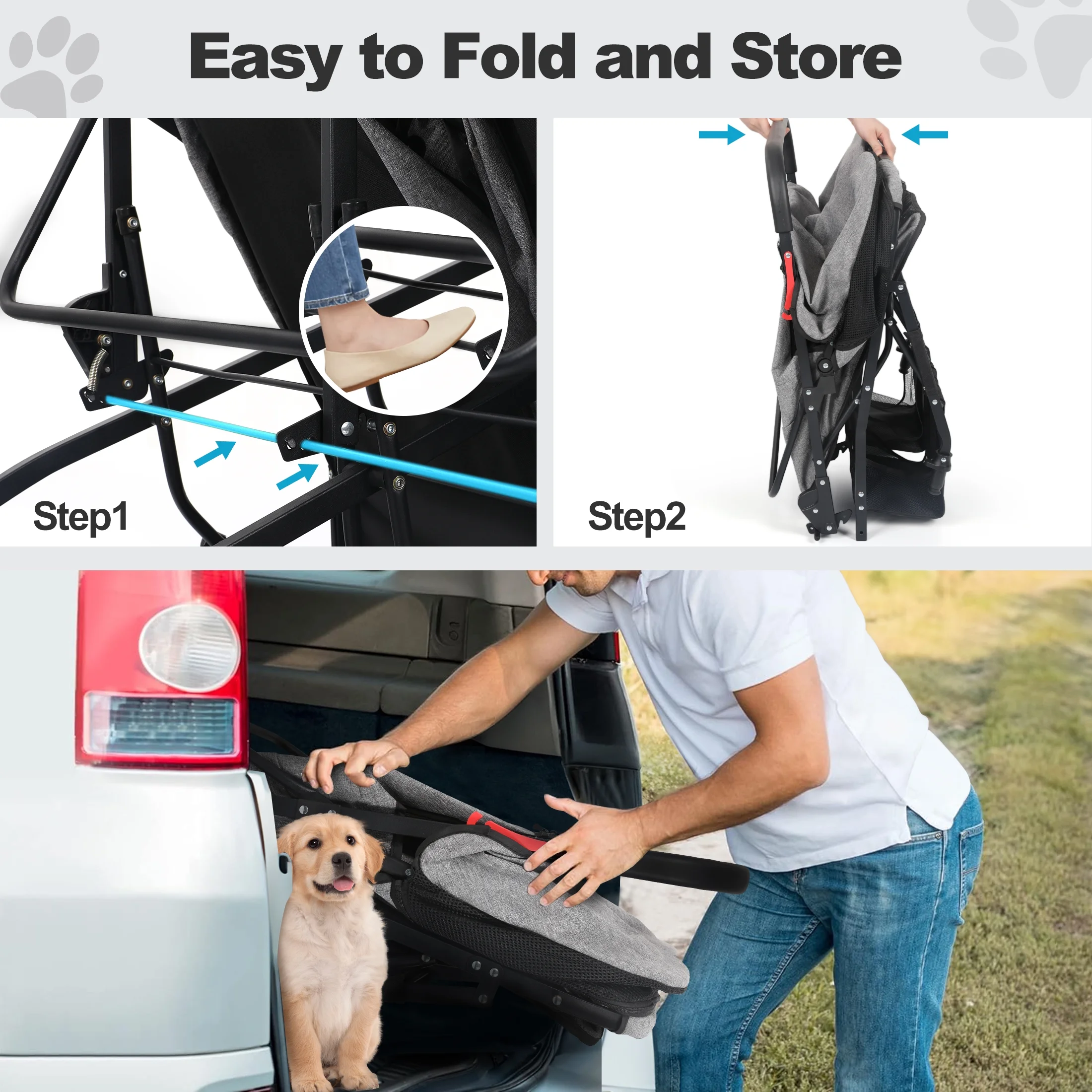 Monasem Double Pet Stroller for 2 Dogs Cats with Waterproof Detachable Cat Travel Carrier, 4 Wheels Foldable Dog Stroller for Pets up to 60lbs - Image 8