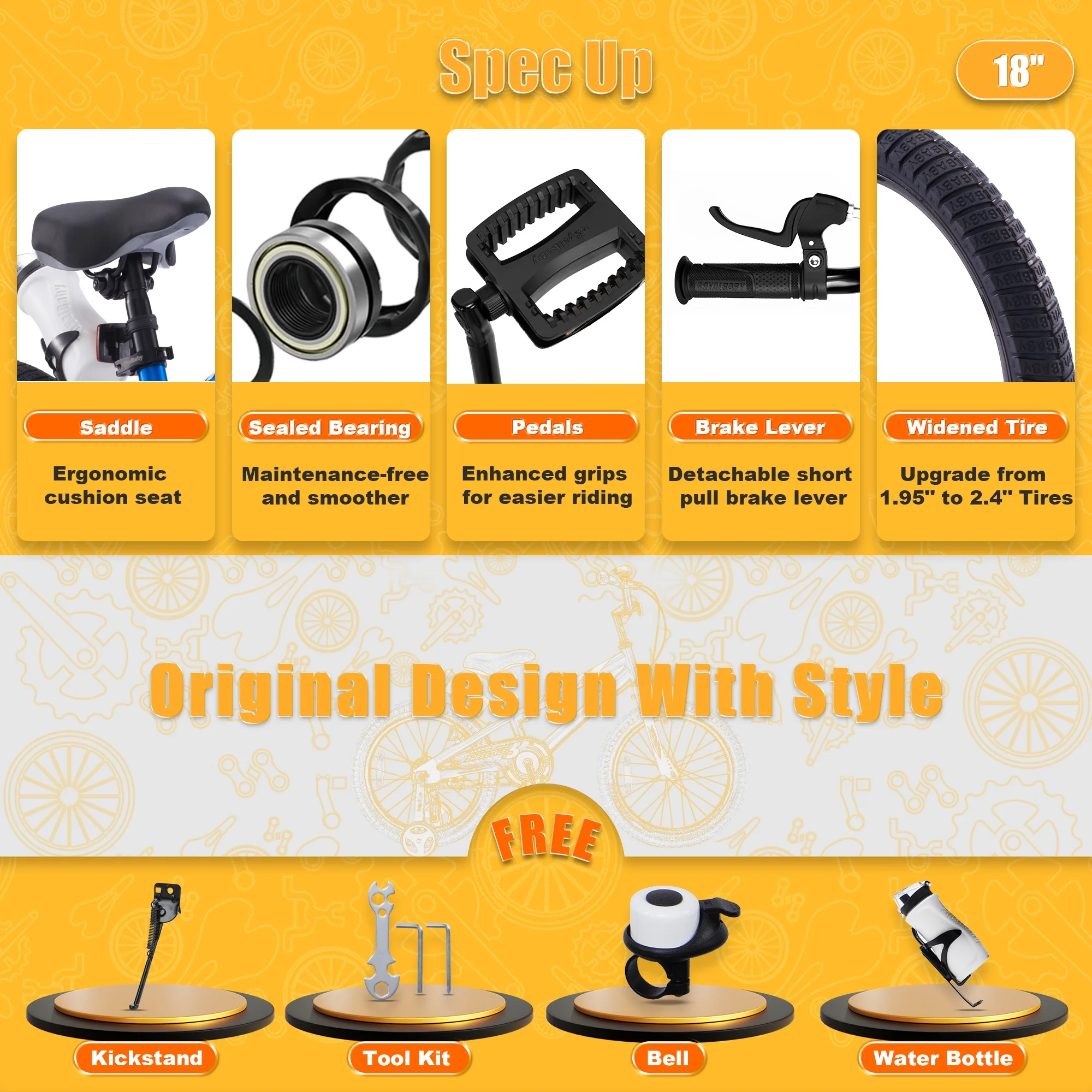 Royalbaby Freestyle 18 In Black Kids Bike Boys and Girls Bike with Kickstand and Water Bottle - Image 3