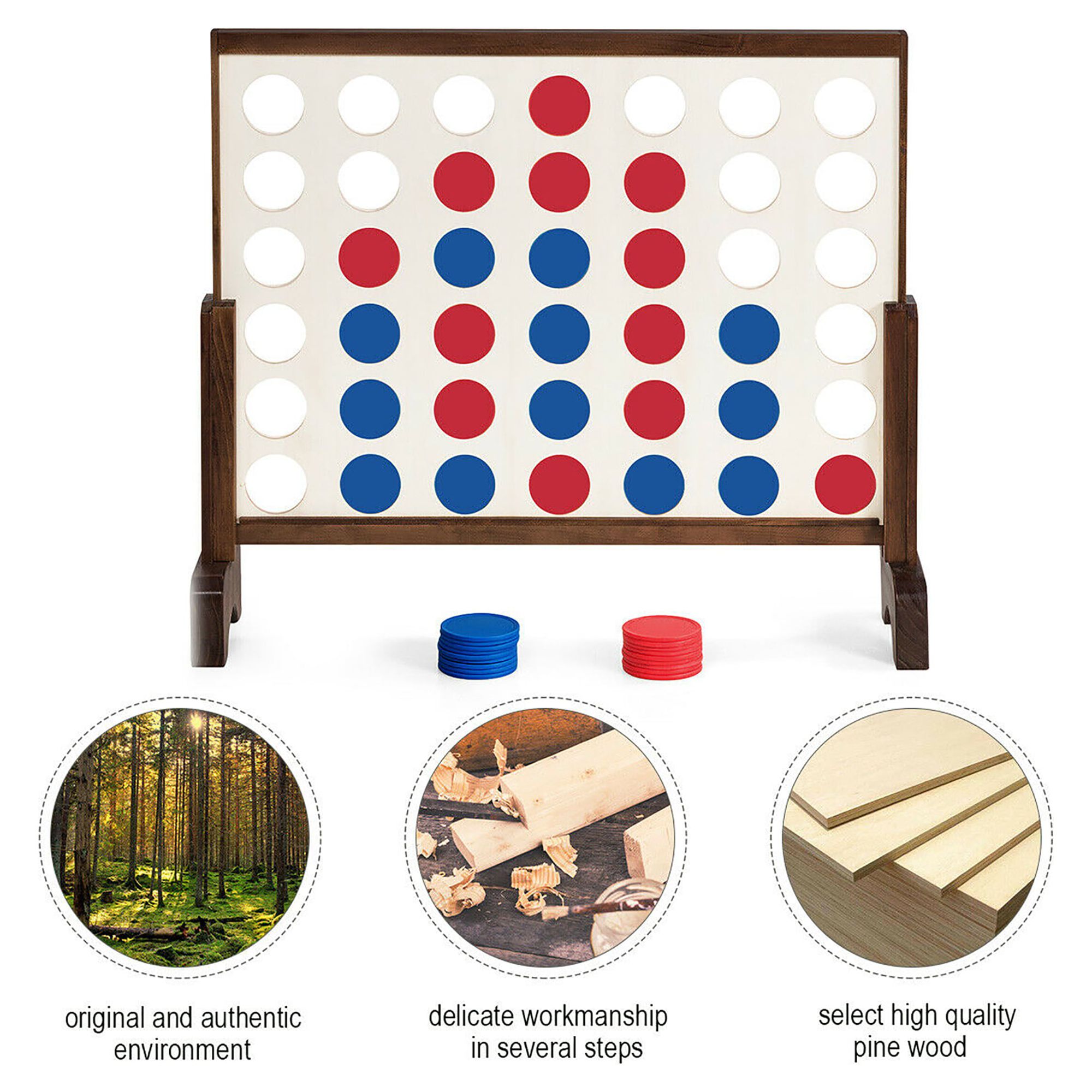 Costway Giant 4 In A Row Game Wood Board Connect Toy Adults Kids with Carrying Bag Natural - Image 5