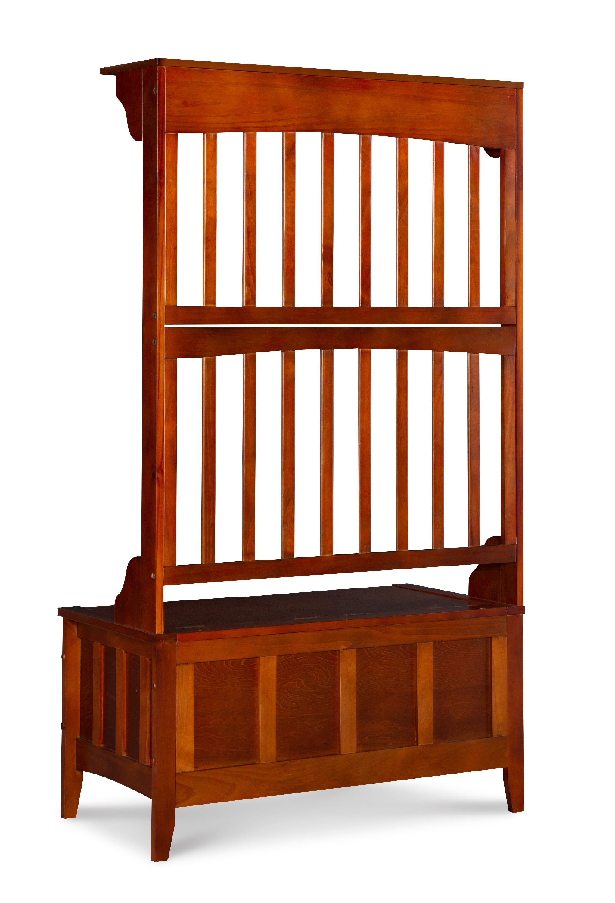 Linon Fletcher Free Standing Hall Tree with 4 Hooks and Split Seat Storage Bench, Walnut - Image 15