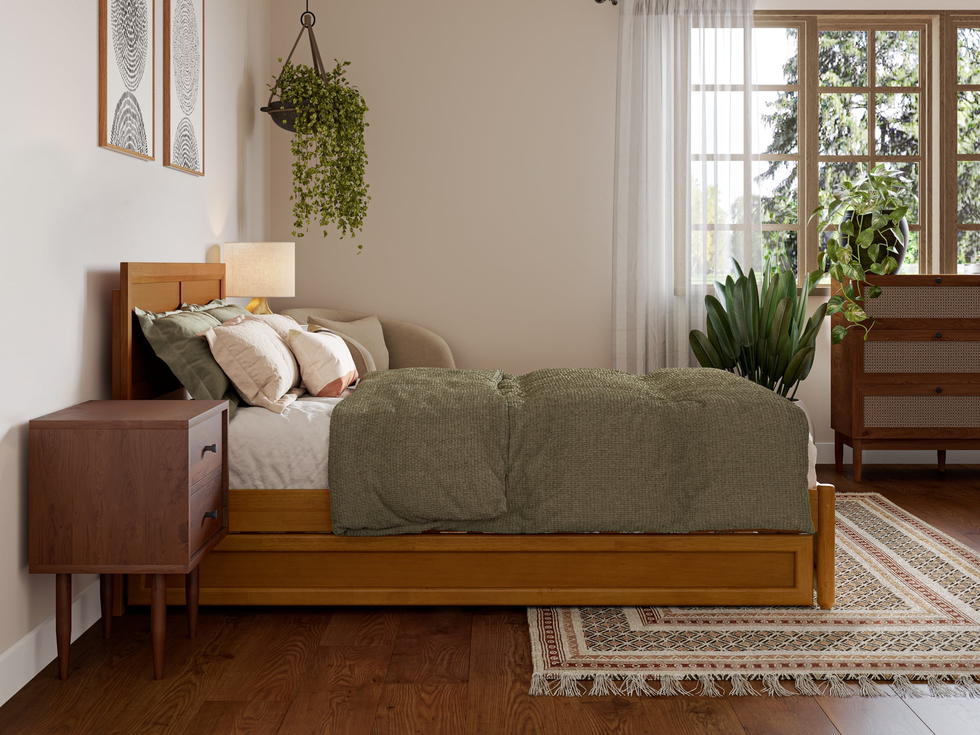 AFI Lylah Full Wood Platform Bed with Panel Footboard and Twin Trundle, Light Toffee - Image 3
