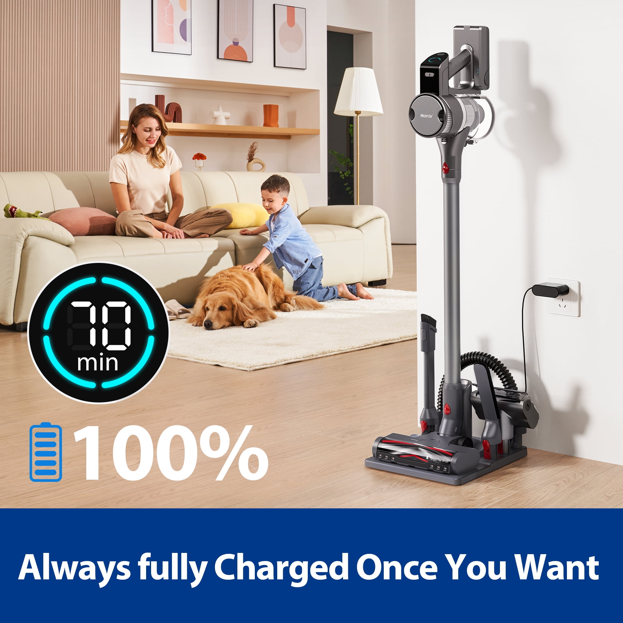 Maircle S3 Pro Cordless Stick Vacuum, Lightweight Cordless Vacuum 400W Powerful Suction, 7*4000mAh Batterys, 70min Runtime, 3 Speeds LED Display, Patented Tangle-Free Brush for Pet Hair Carpet - Image 2