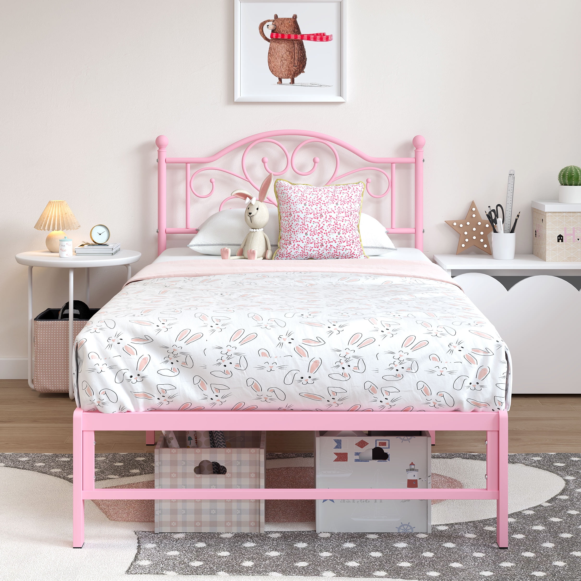 Yoneston Twin Metal Platform Bed Frame with Victorian Style Flower Heart Headboard, Heavy Duty Steel Slat Mattress Foundation for Kids Boys Girls, Pink - Image 4