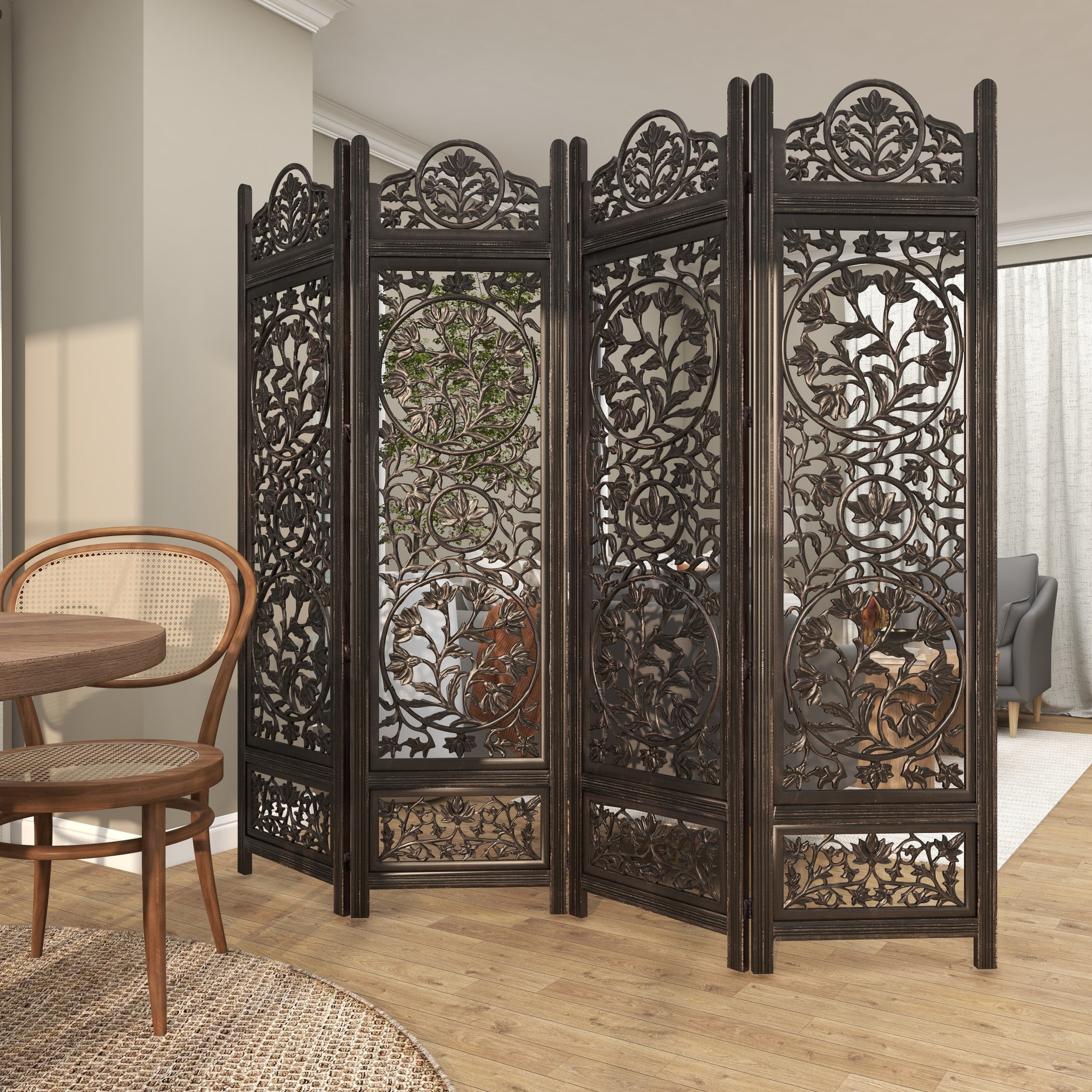 DecMode 80" x 72" Black Wood Floral Handmade Foldable Partition Carved 4 Panel Room Divider Screen, 1-Piece - Image 10