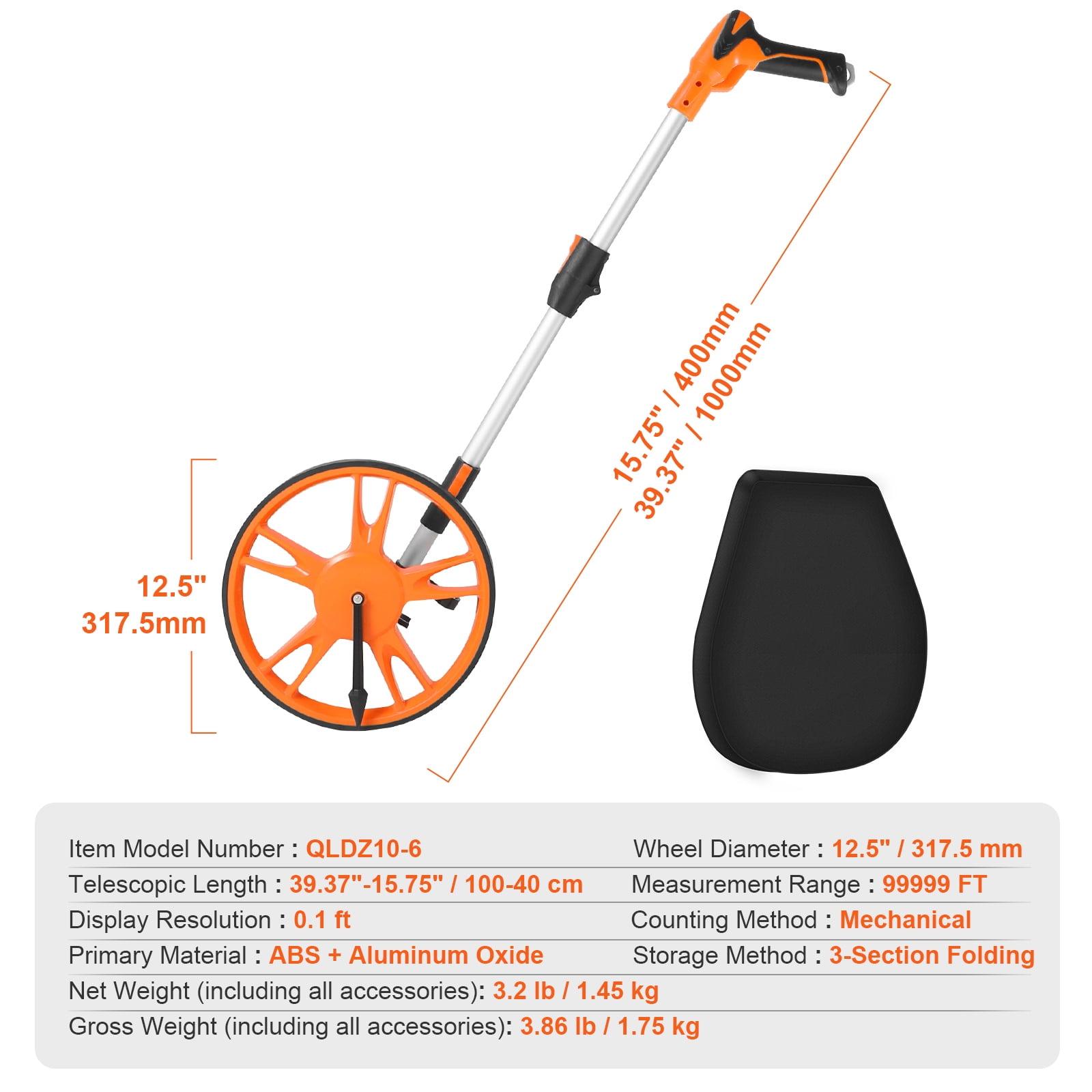 VEVOR Measuring Wheel 12.5” Road Runner Distance Telescoping Handle w/ Back Bag - Image 4