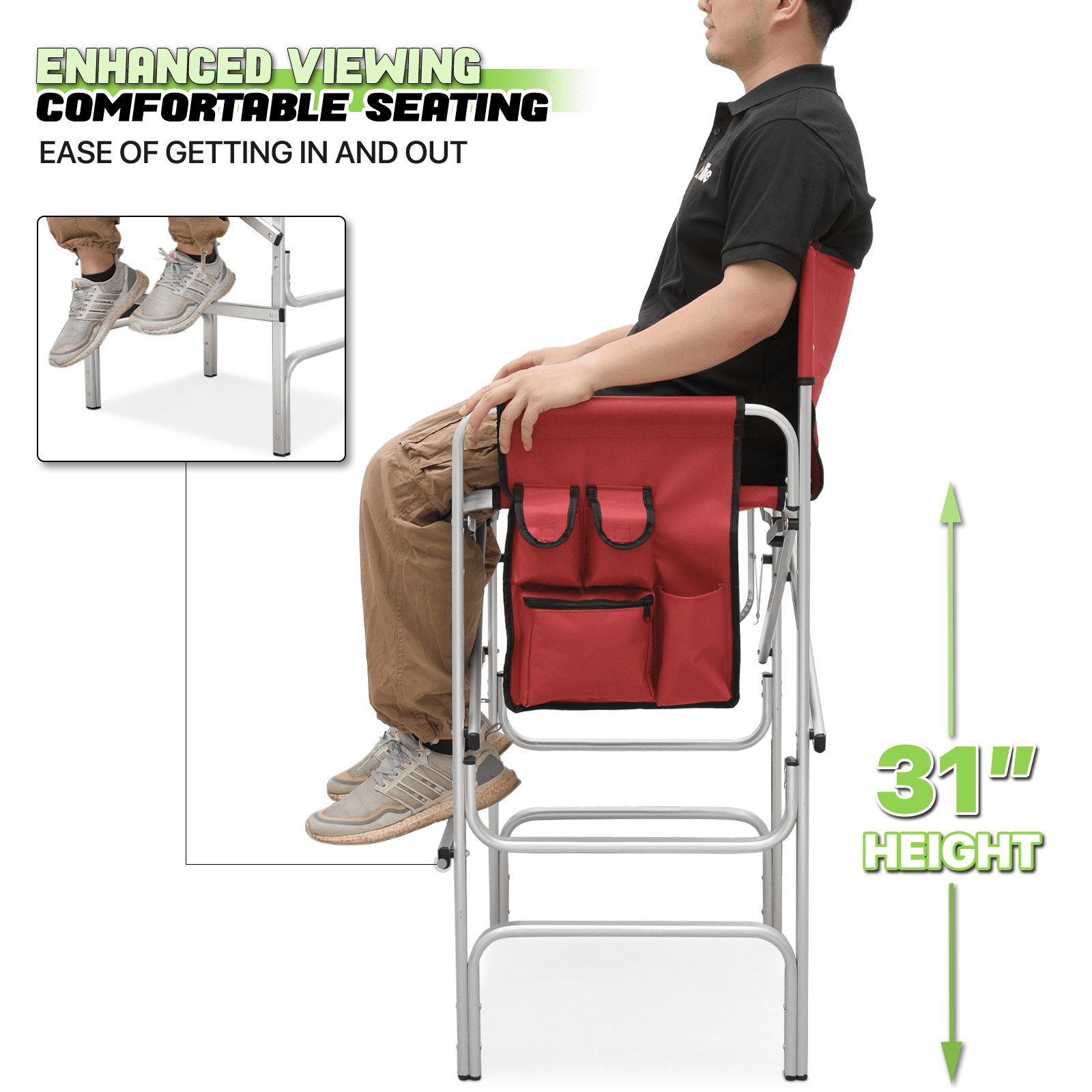 Magshion Folding Camping Director Chair with Side Table & Storage Pocket, for Adult Beach, Fishing Trip Picnic Lawn Concert Outdoor, Red - Image 6